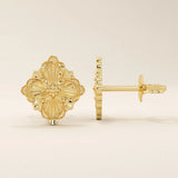 14k yellow gold stud earrings in a vintage-inspired clover shape with embossed floral detailing and polished finish.
