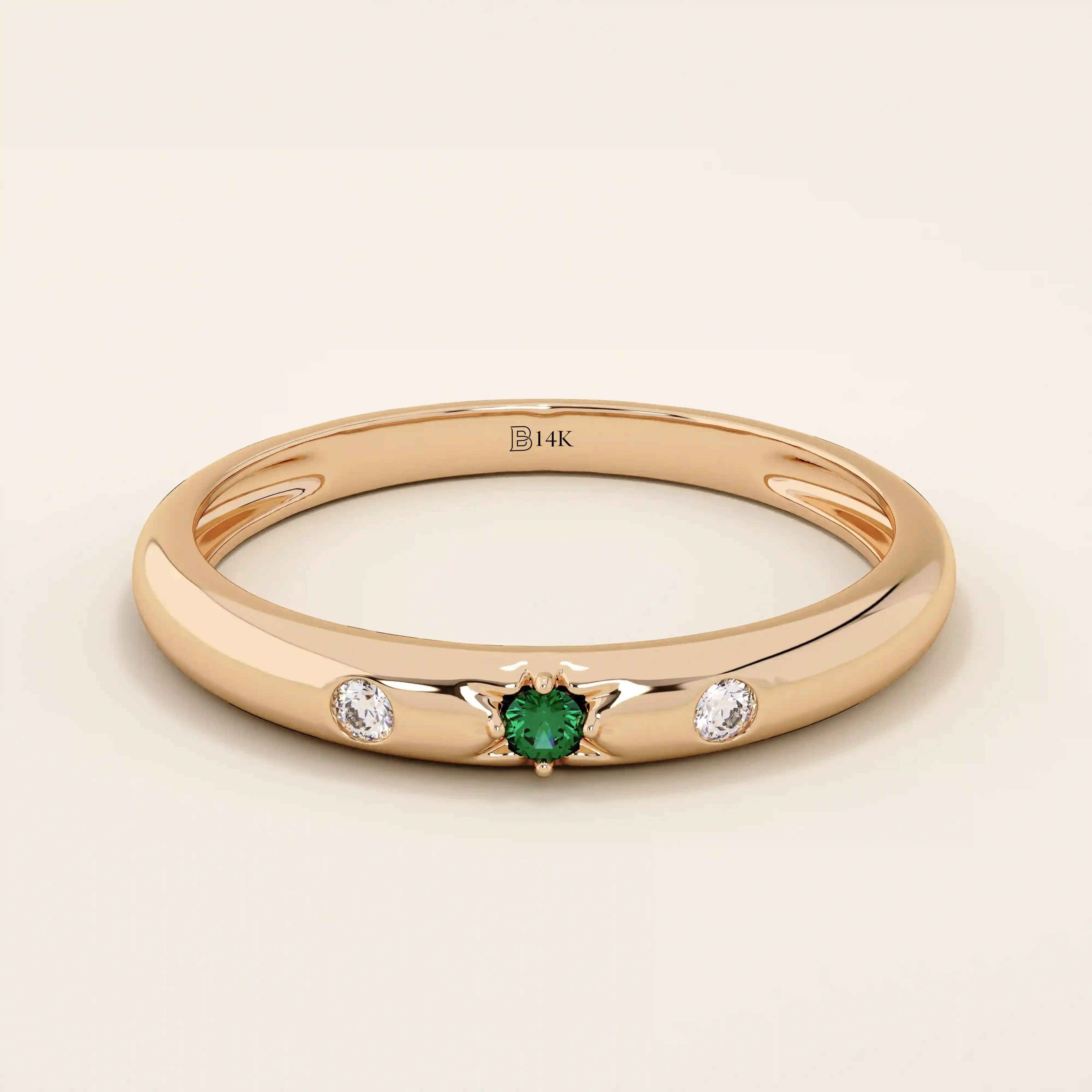 14K SOLID GOLD EMERALD AND MOISSANITE SLIM WEDDING BAND FOR WOMEN