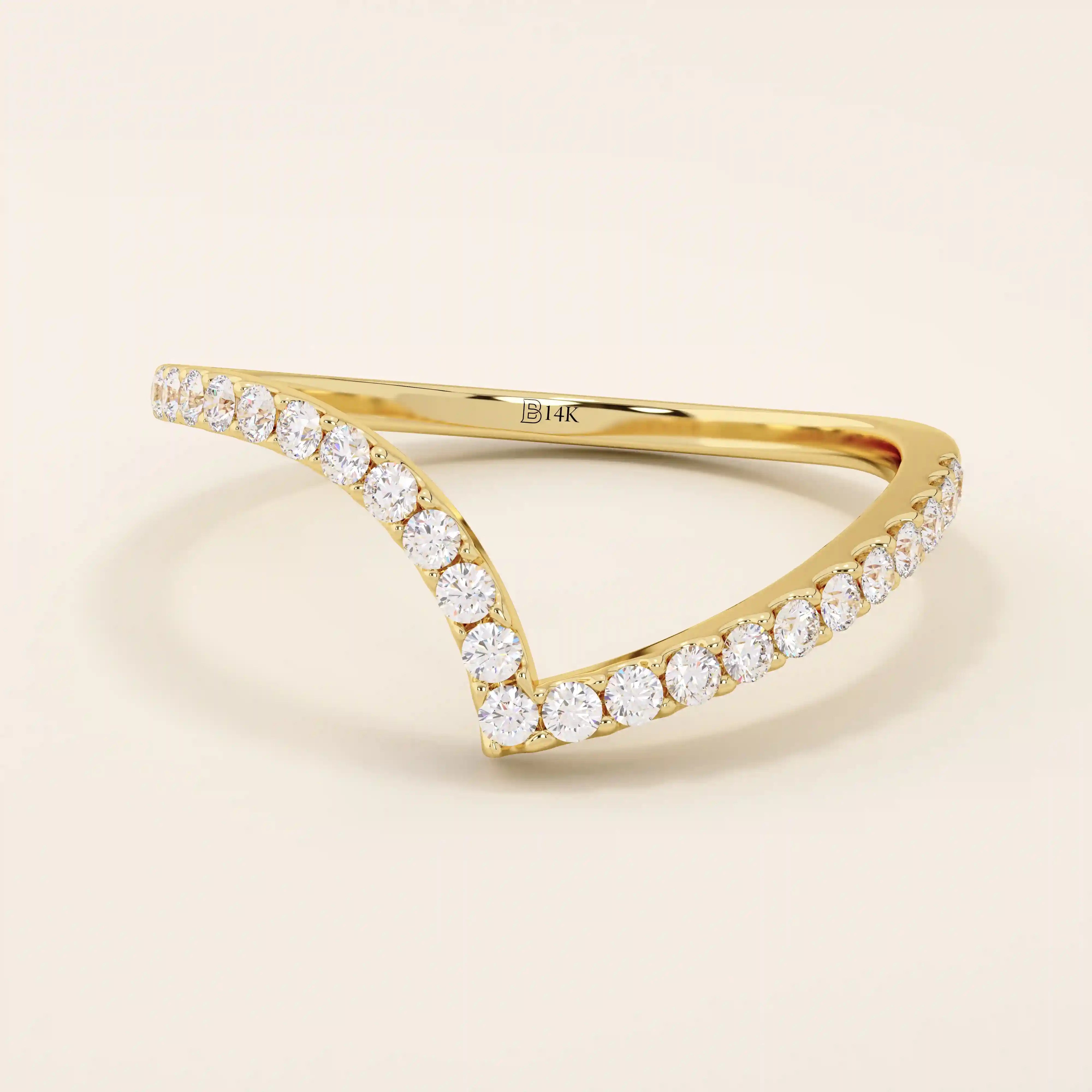 14K SOLID GOLD unique chevron stacking ring pave with tiny moissanites for women
