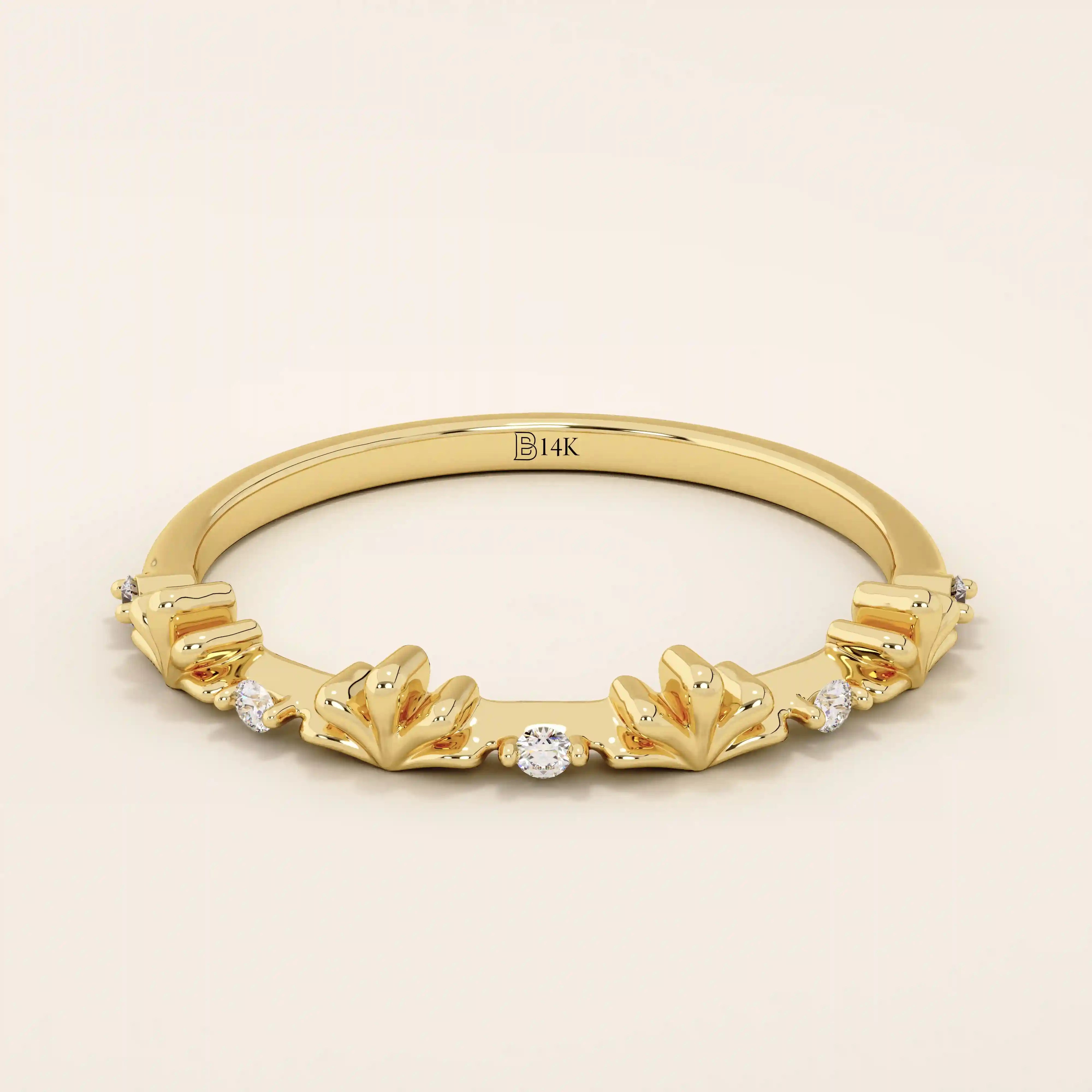 14K SOLID GOLD TINY leaf MOISSANITE STACKING wedding RING FOR WOMEN