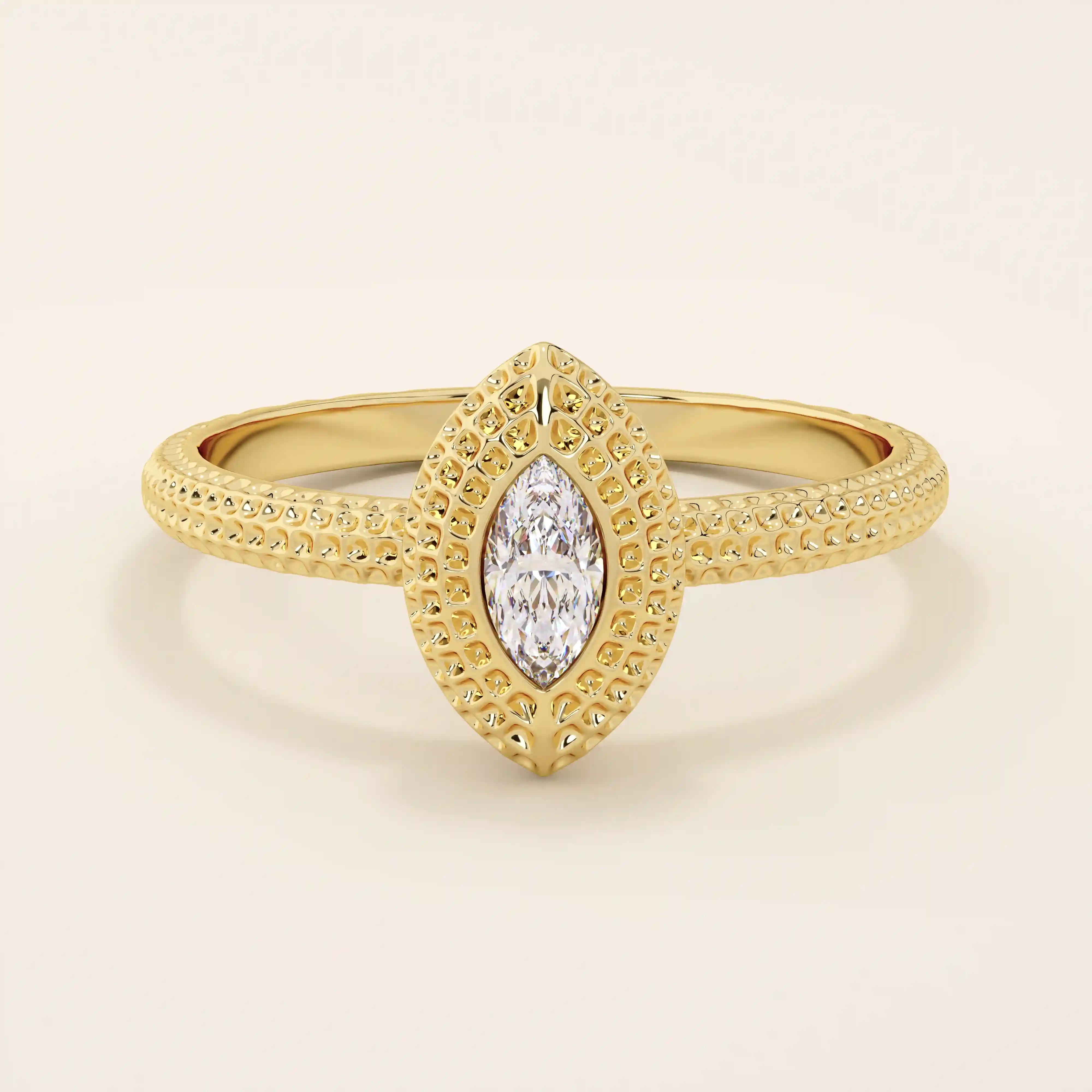 14K SOLID GOLD TEXTURED BAND BEZEL MARQUISE ENGAGEMENT RING