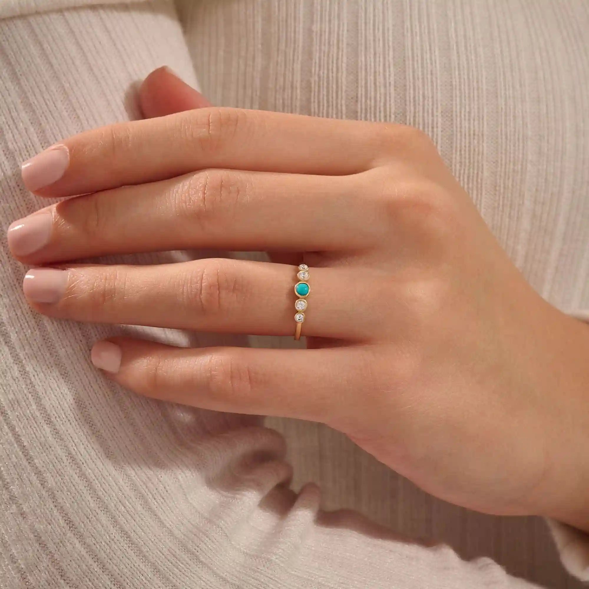 14k solid gold 5 stone bezel turquoise and moissanite stones wedding engagement ring for women