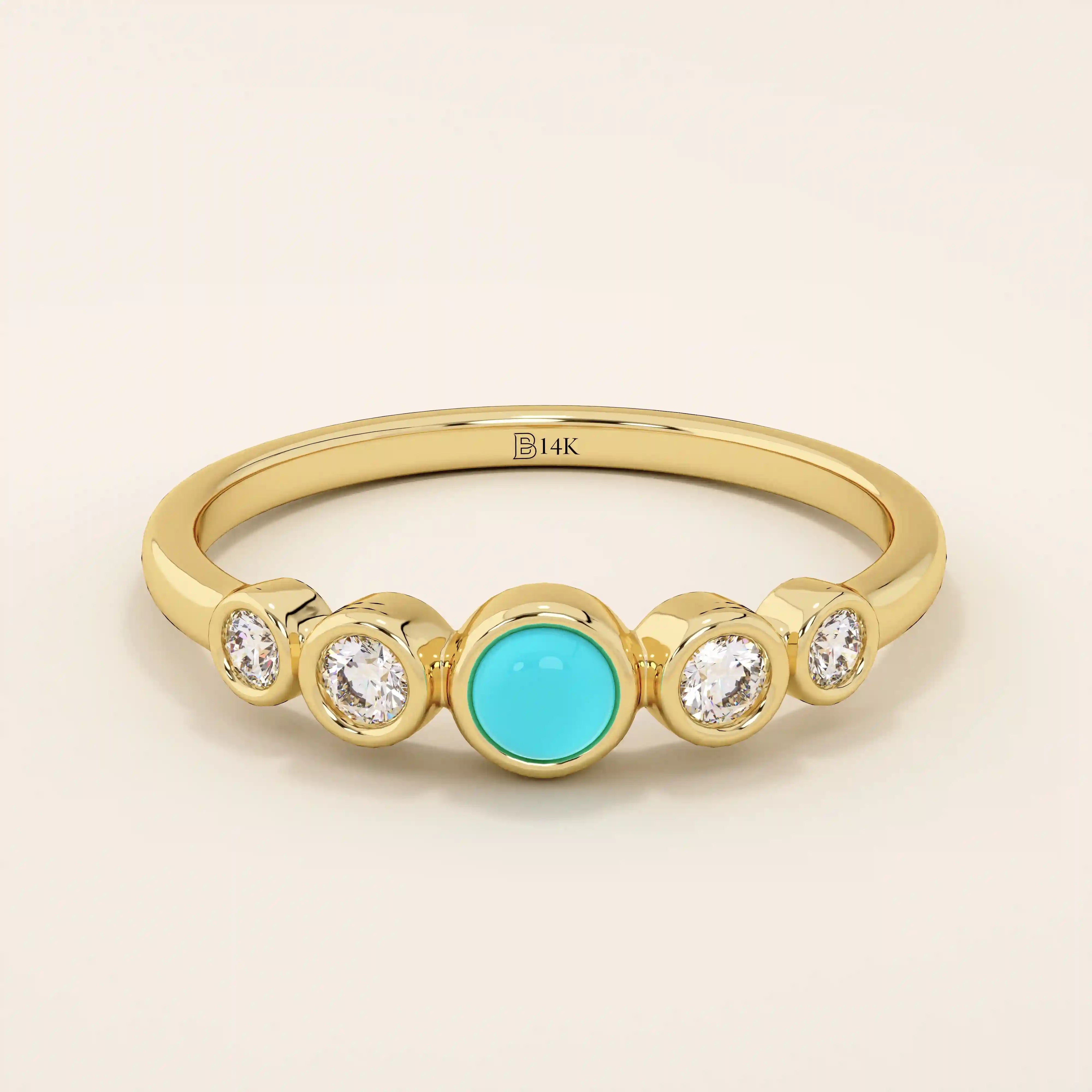 14k solid gold 5 stone bezel turquoise and moissanite stones wedding engagement ring for women
