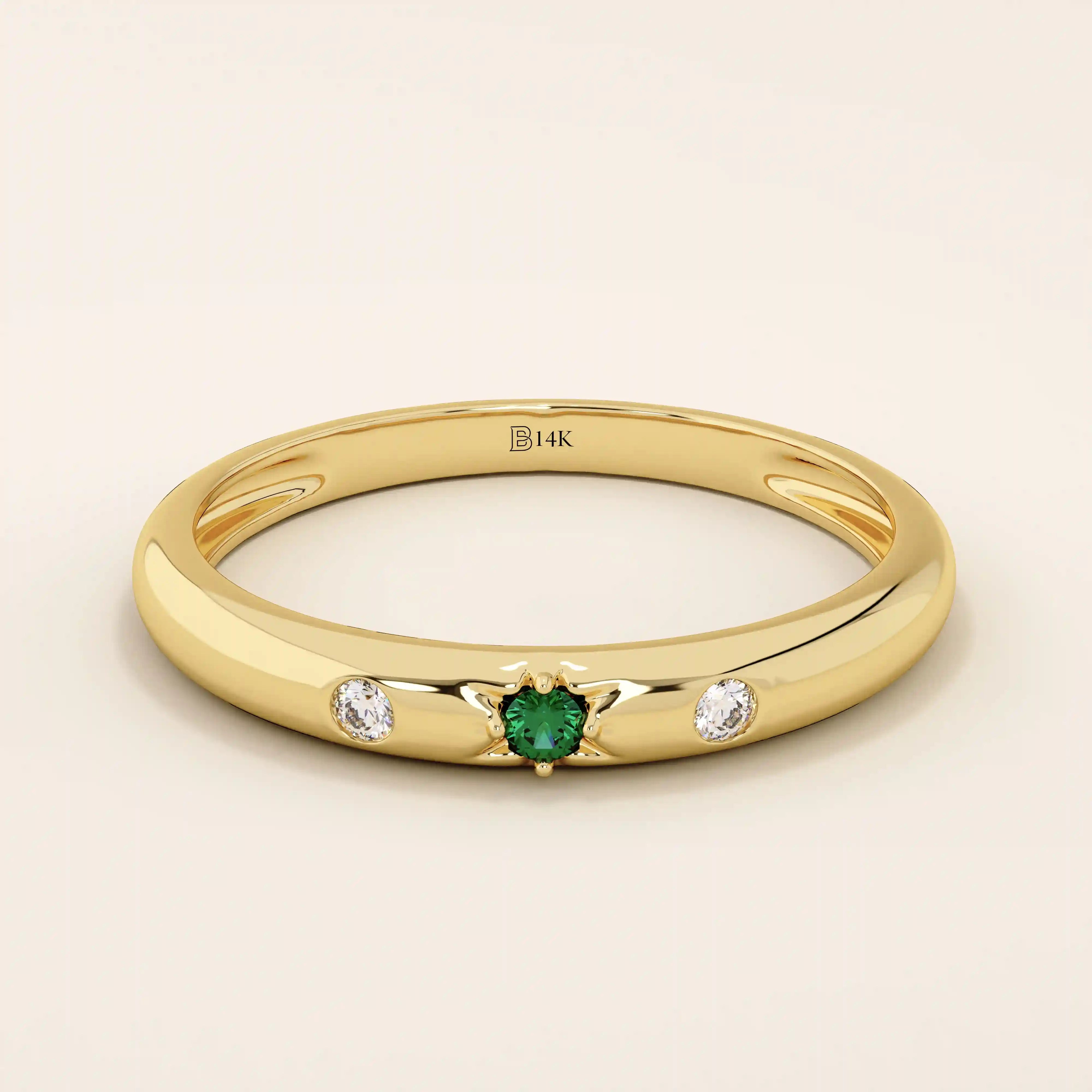 14K SOLID GOLD EMERALD AND MOISSANITE SLIM WEDDING BAND FOR WOMEN