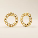 Angled view of 14k solid yellow gold curb chain stud earrings, showcasing the dimensional link texture and gleaming surface.
