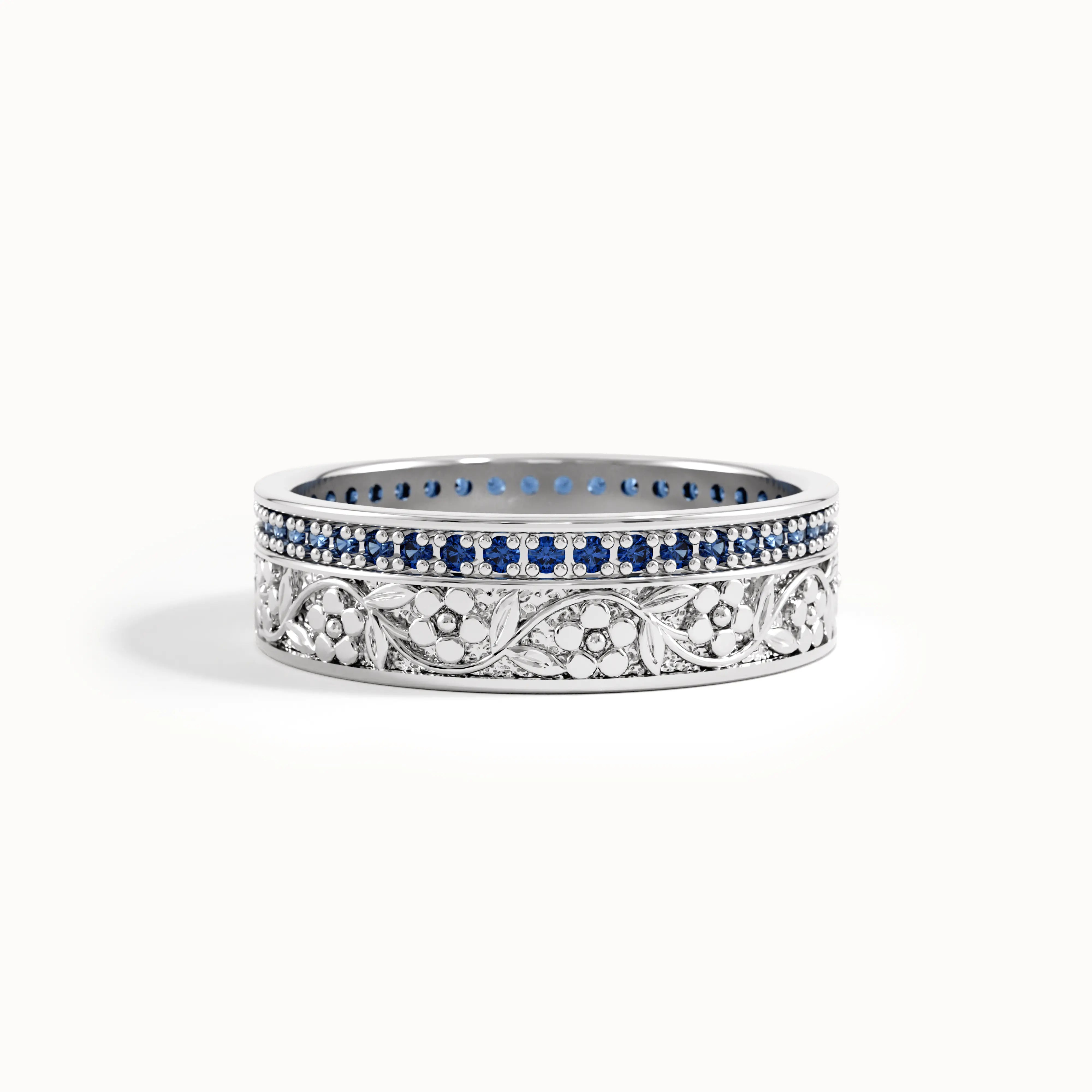 Lab Sapphire Flower Wedding Band