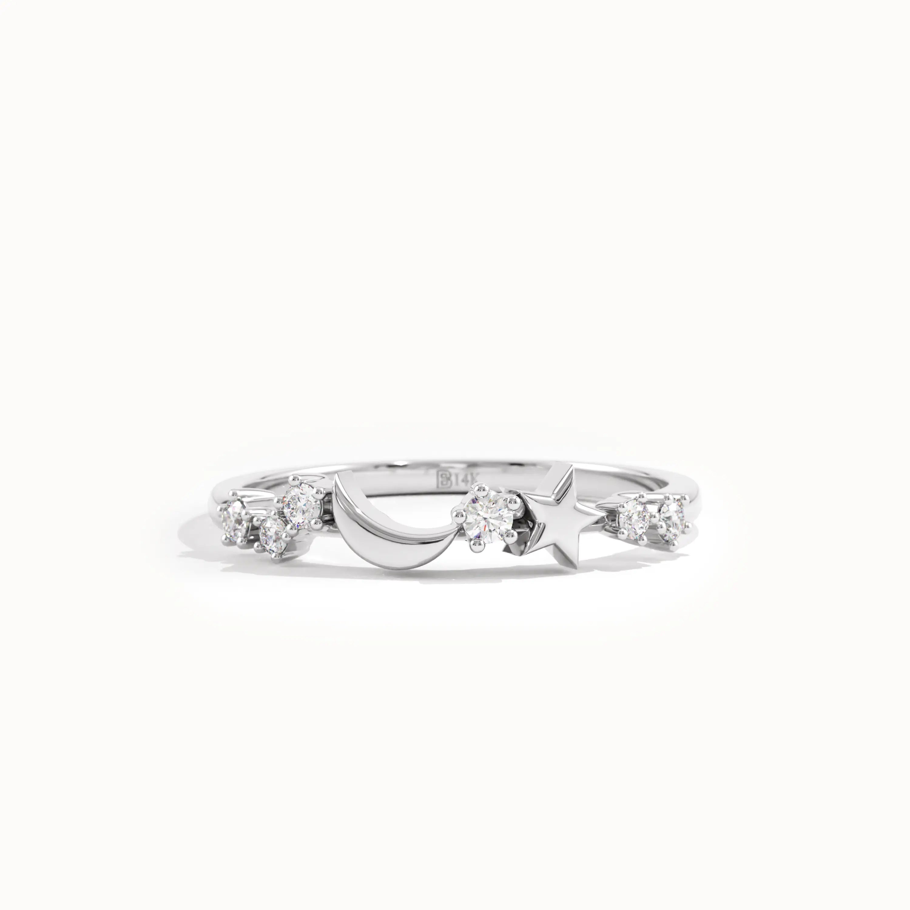 14K Solid Gold Moon Star Ring for Women - BRENNMORE