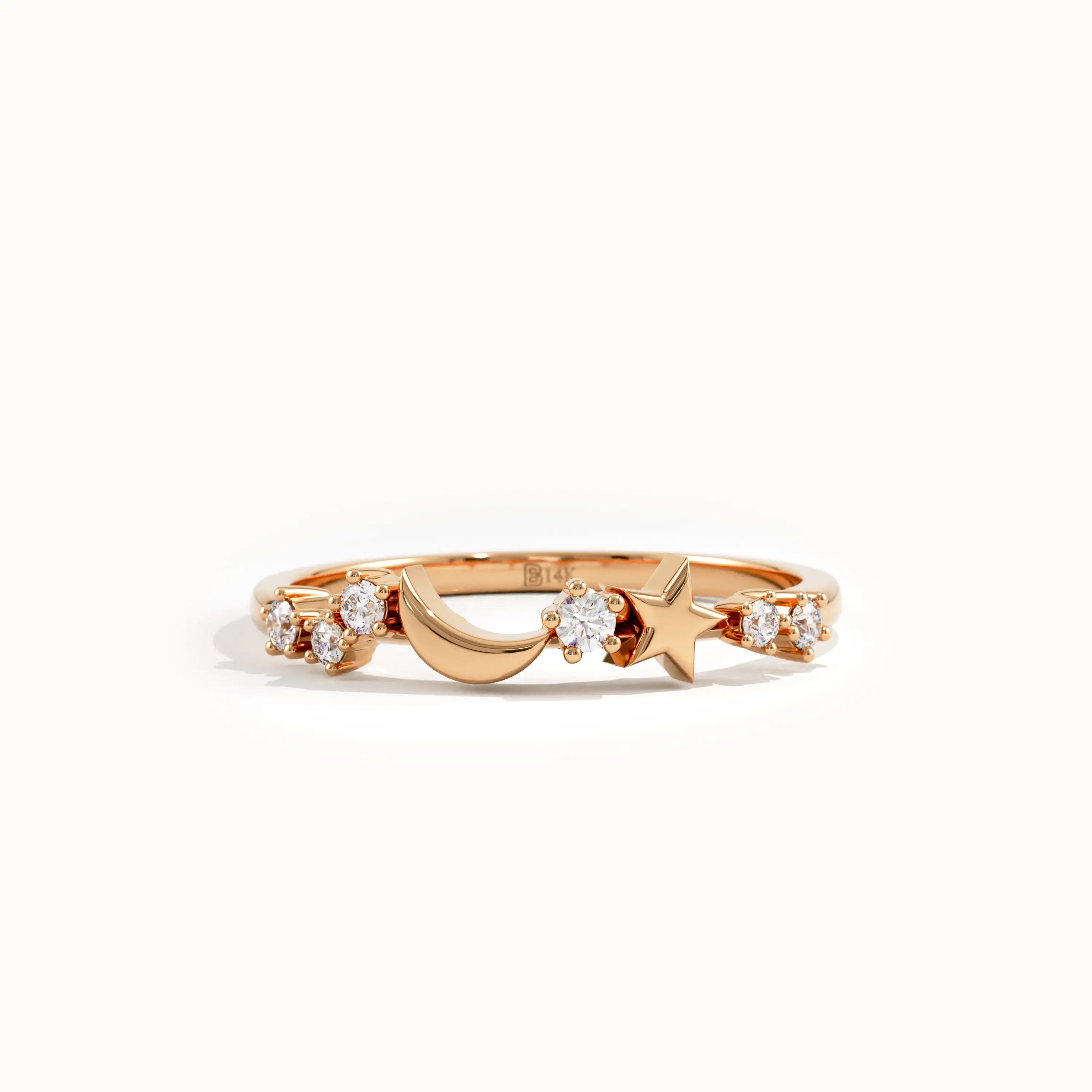 14K Solid Gold Moon Star Ring for Women - BRENNMORE