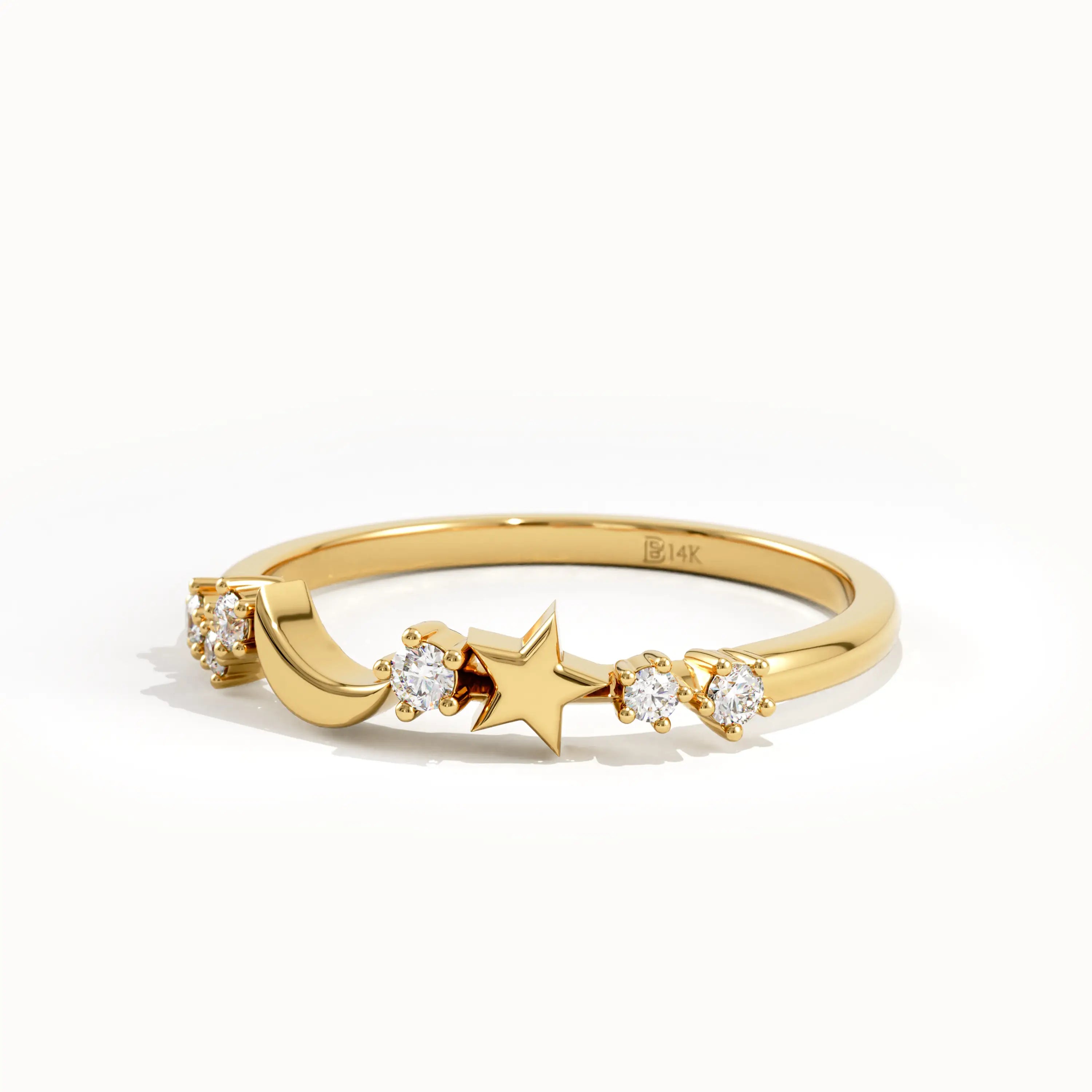 14K Solid Gold Moon Star Ring for Women - BRENNMORE