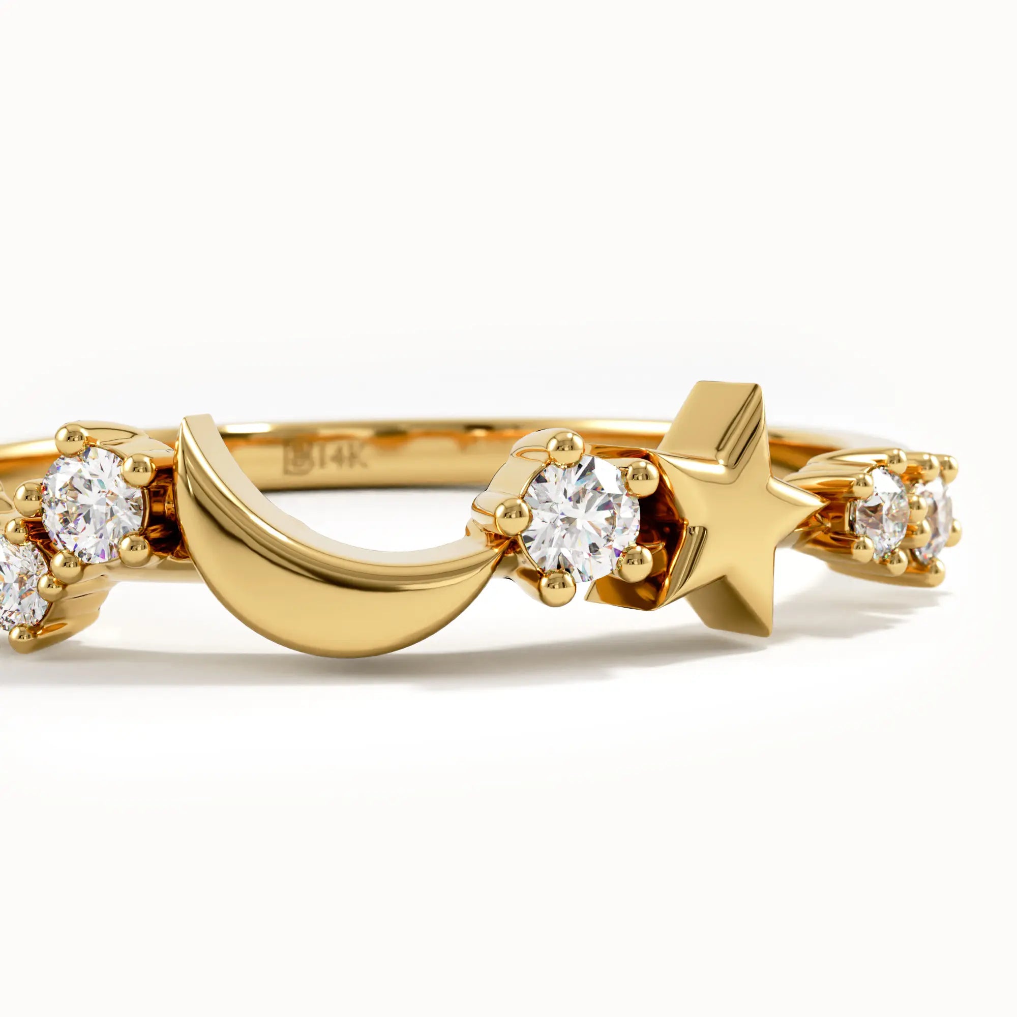 14K Solid Gold Moon Star Ring for Women - BRENNMORE 