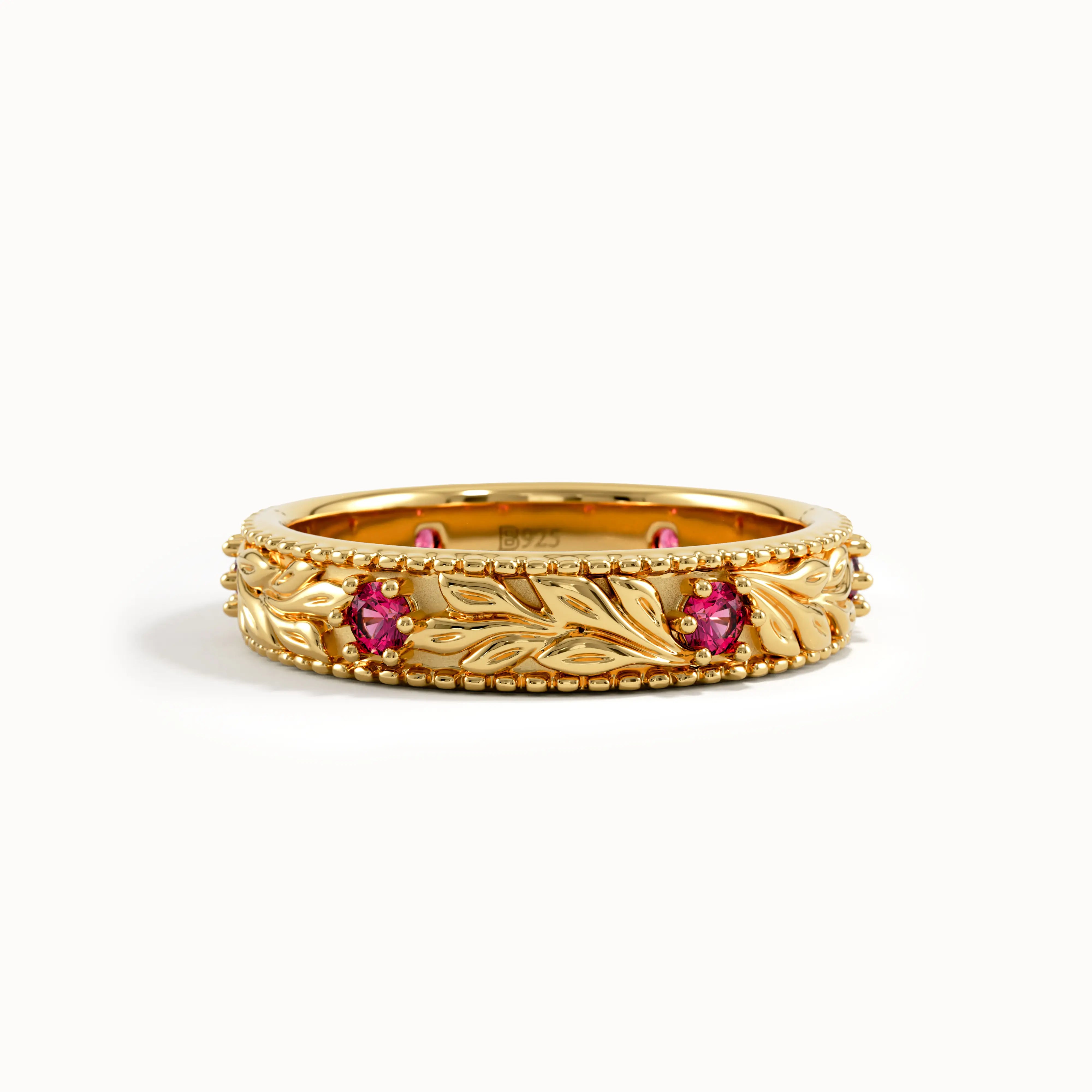 Flower Engraved Ruby Wedding Band