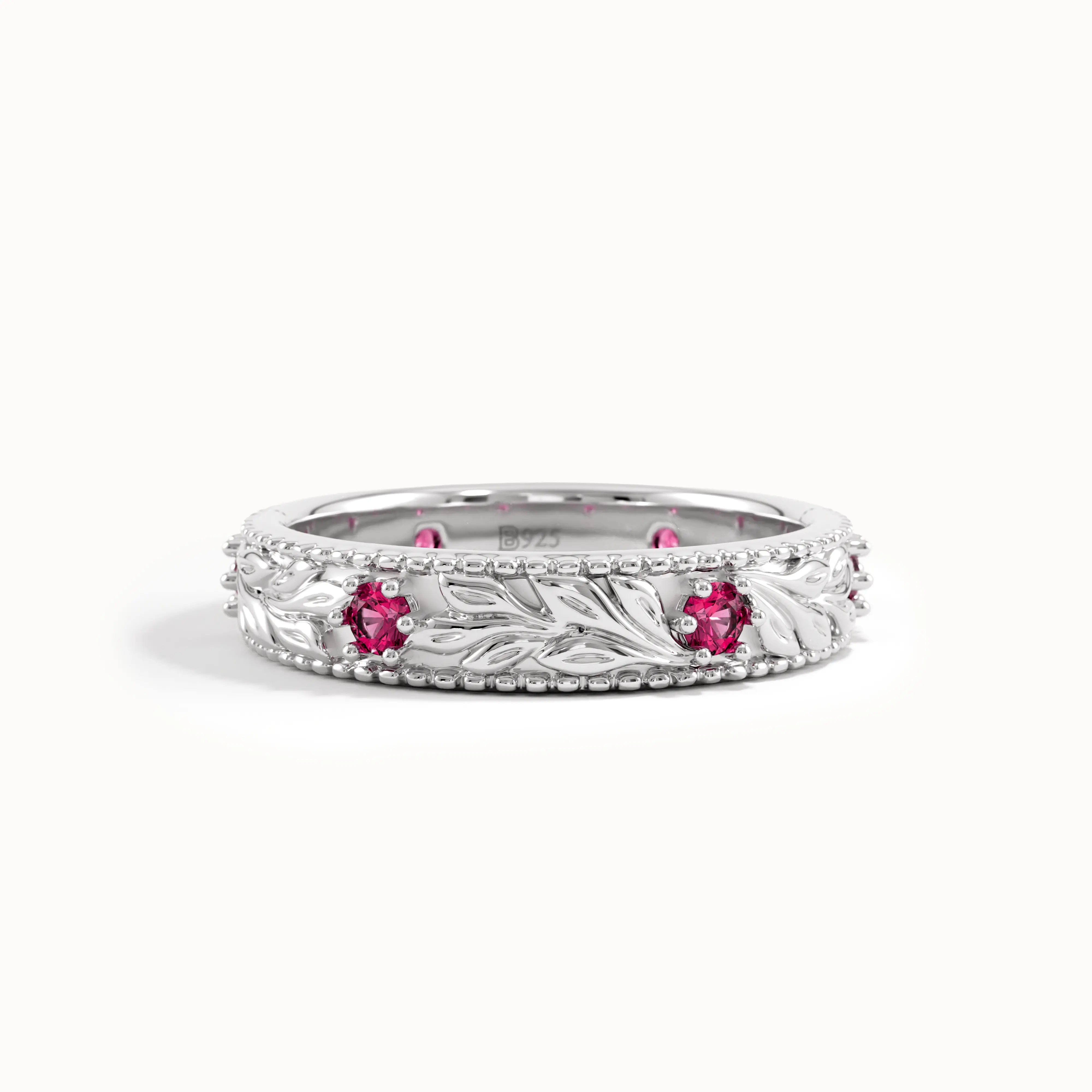 Flower Engraved Ruby Wedding Band