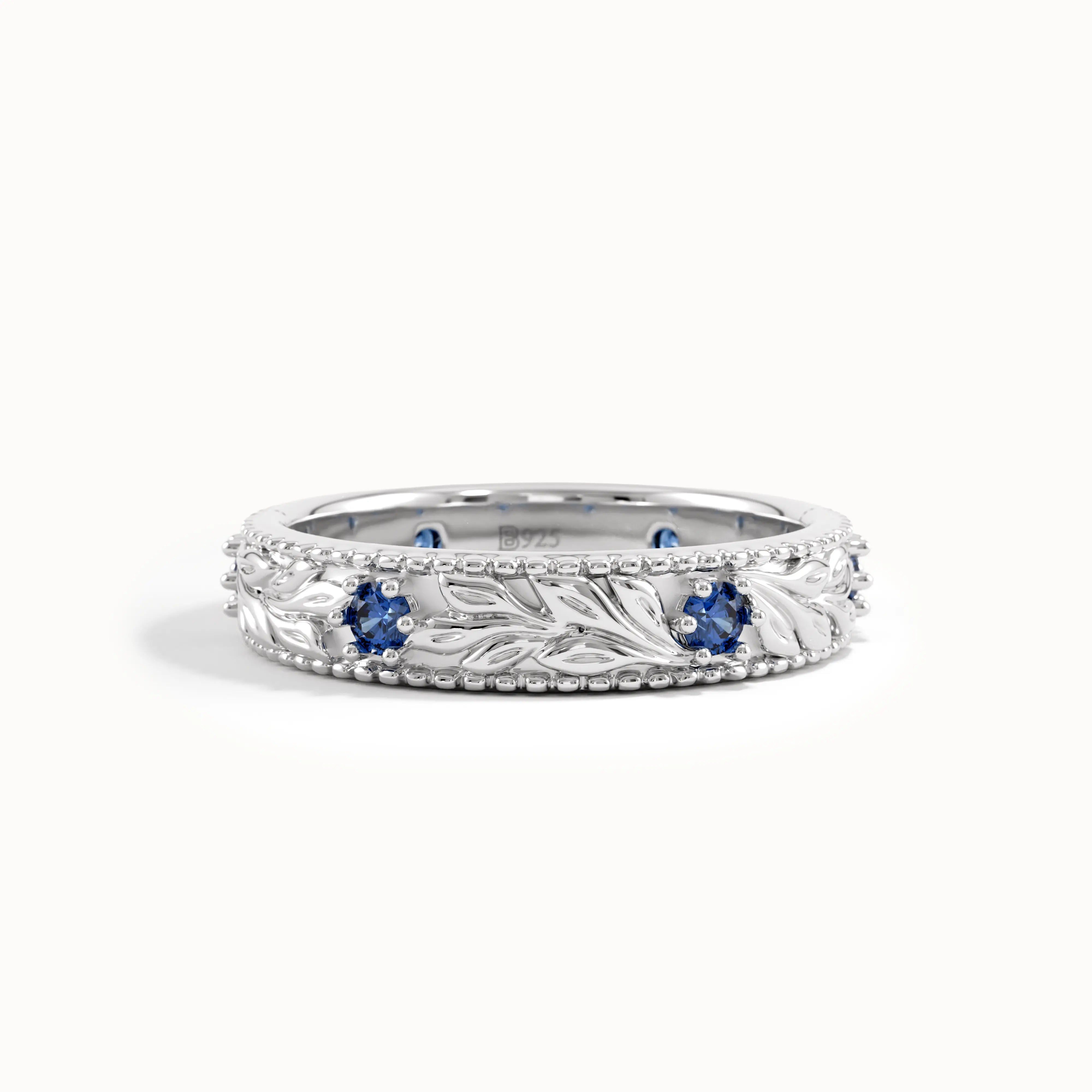 Flower Engraved Sapphire Wedding Band