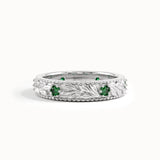 Flower Engraved Emerald Wedding Band