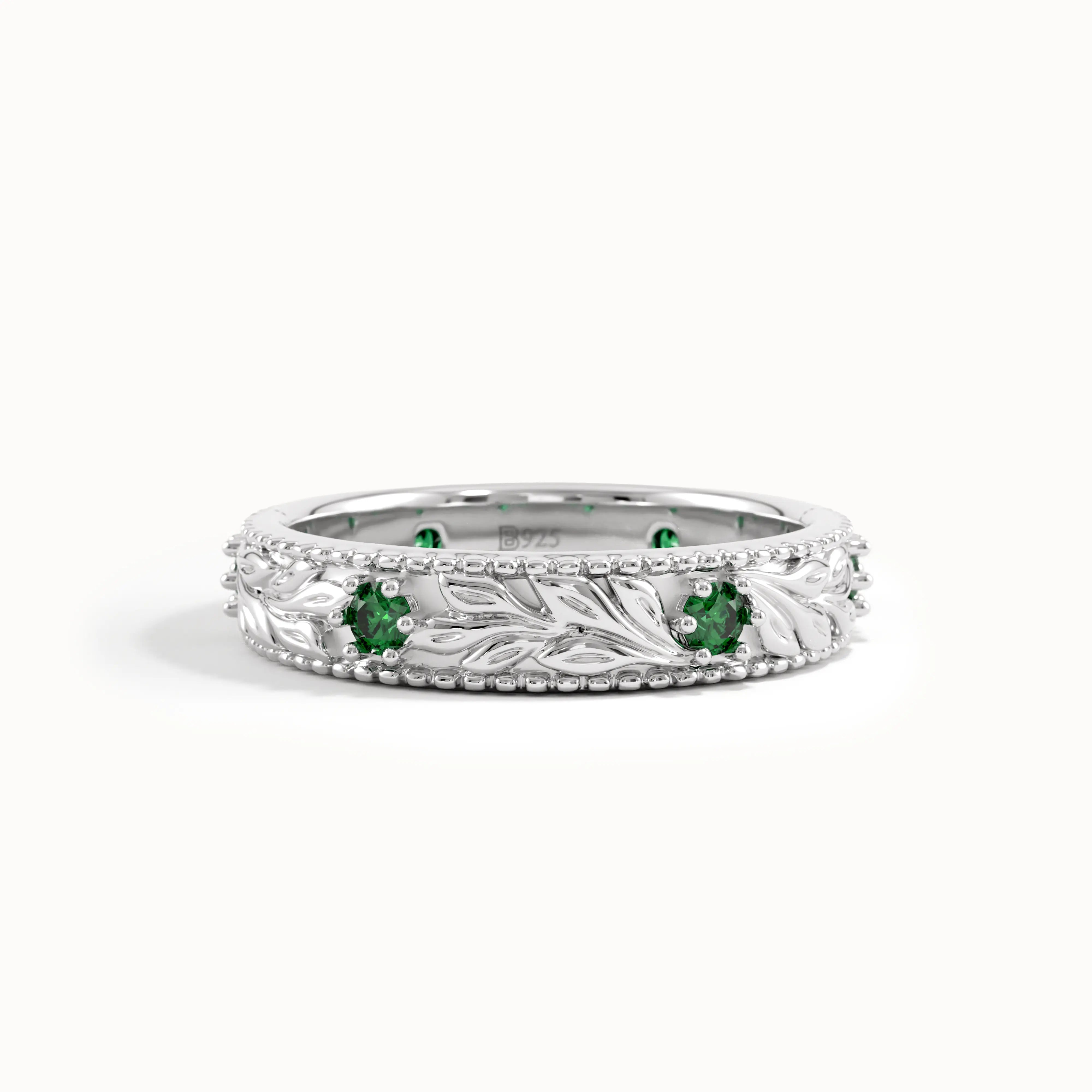 Flower Engraved Emerald Wedding Band