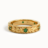 Flower Engraved Emerald Wedding Band