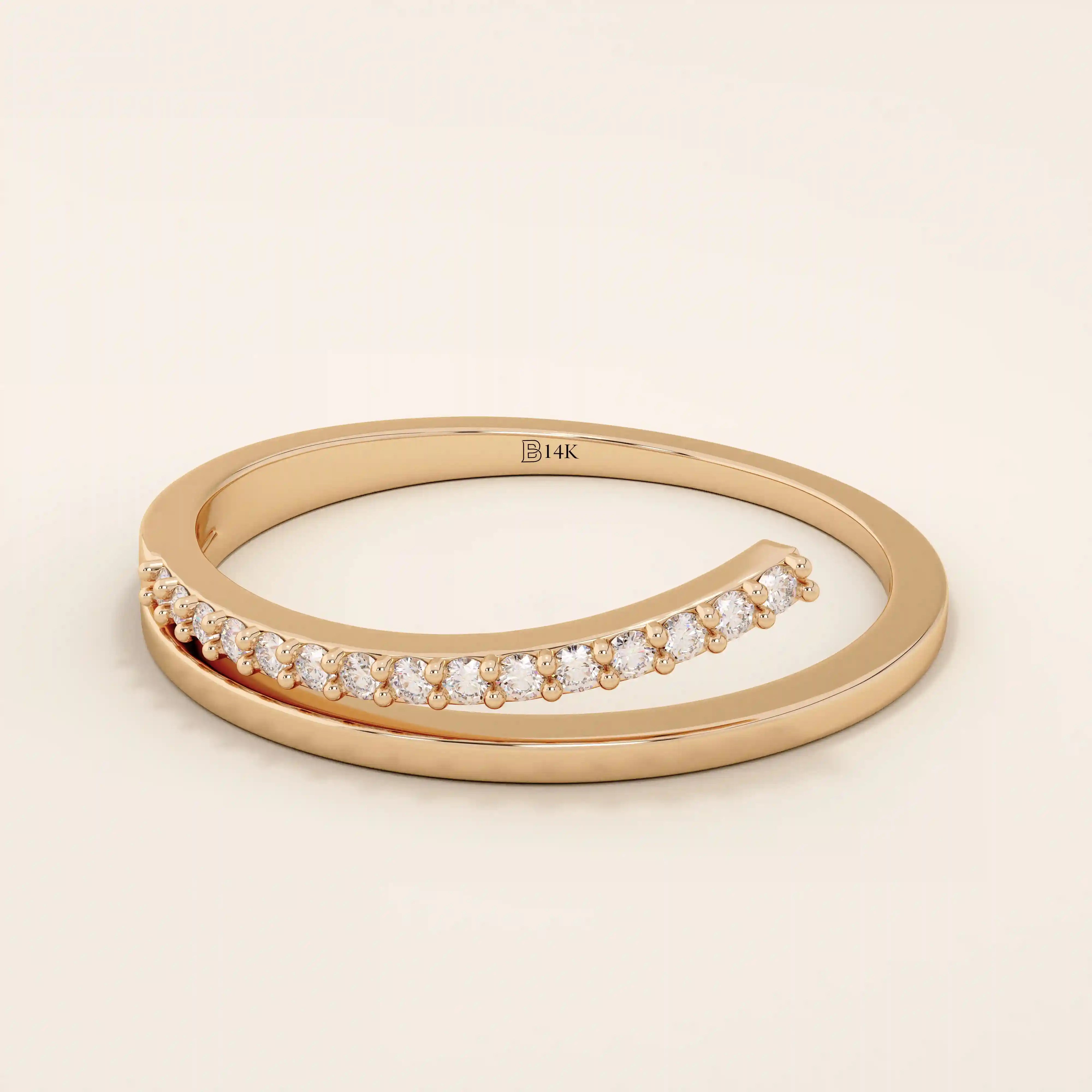 This split band ring The band is adorned with sparkling stones unique split design modern 14k solid yellow gold stacking wedding ring