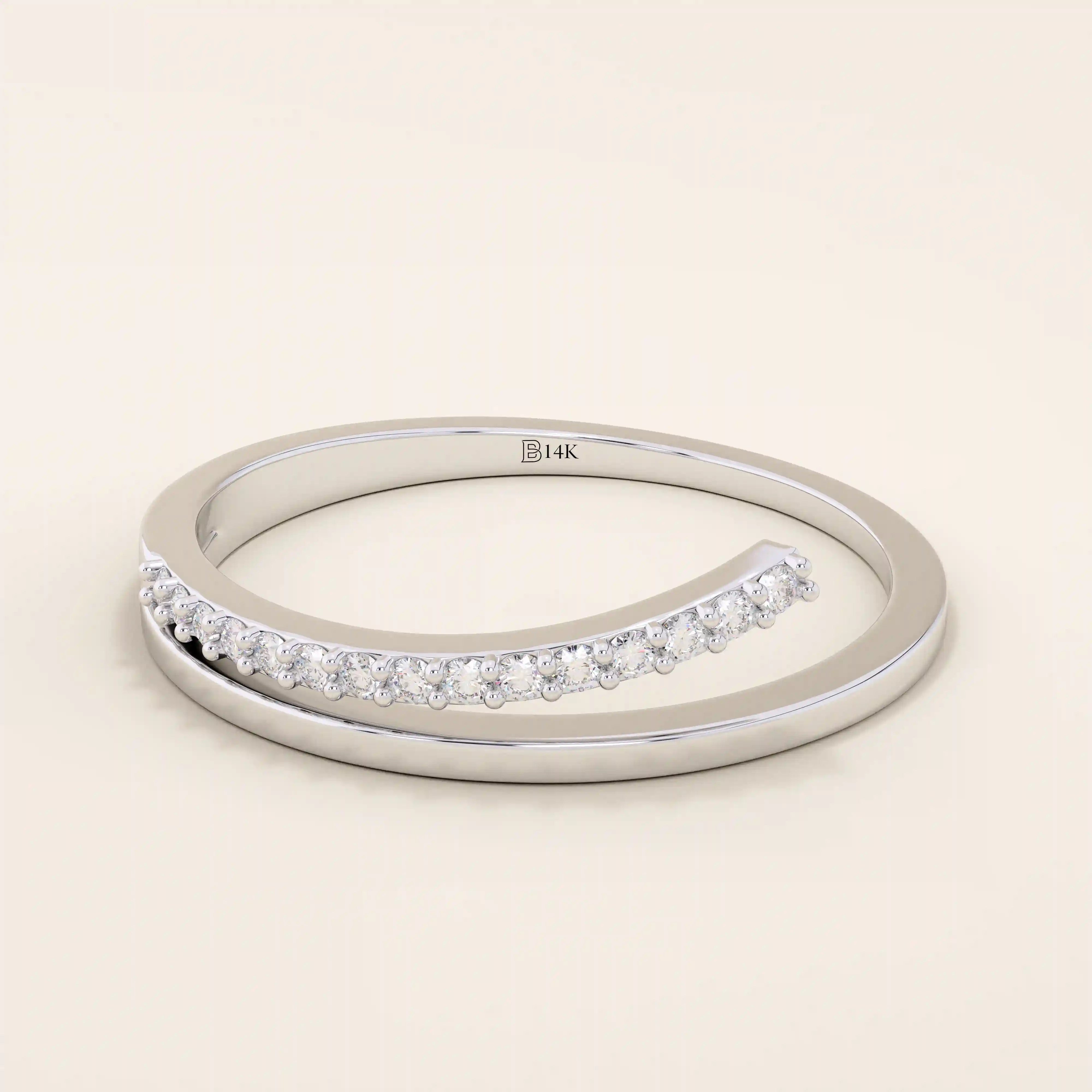This split band ring The band is adorned with sparkling stones unique split design modern 14k solid yellow gold stacking wedding ring