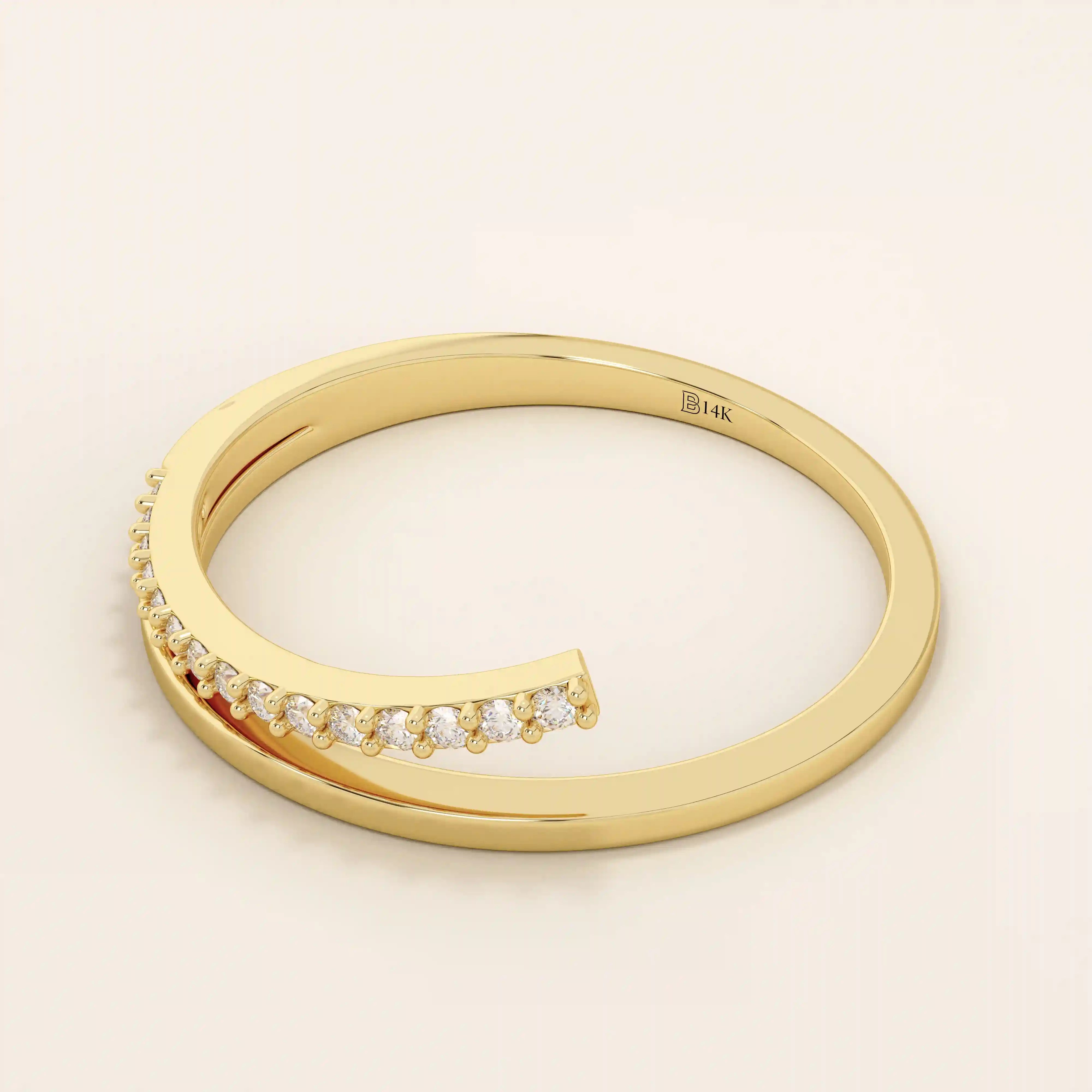 This split band ring The band is adorned with sparkling stones unique split design modern 14k solid yellow gold stacking wedding ring
