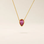 14K SOLID GOLD PEAR SHAPE PINK STONE MOVING CHARM NECKLACE