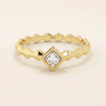 Bezel set princess square cut solitaire engagement ring in 14k solid gold. Sleek modern design for women.