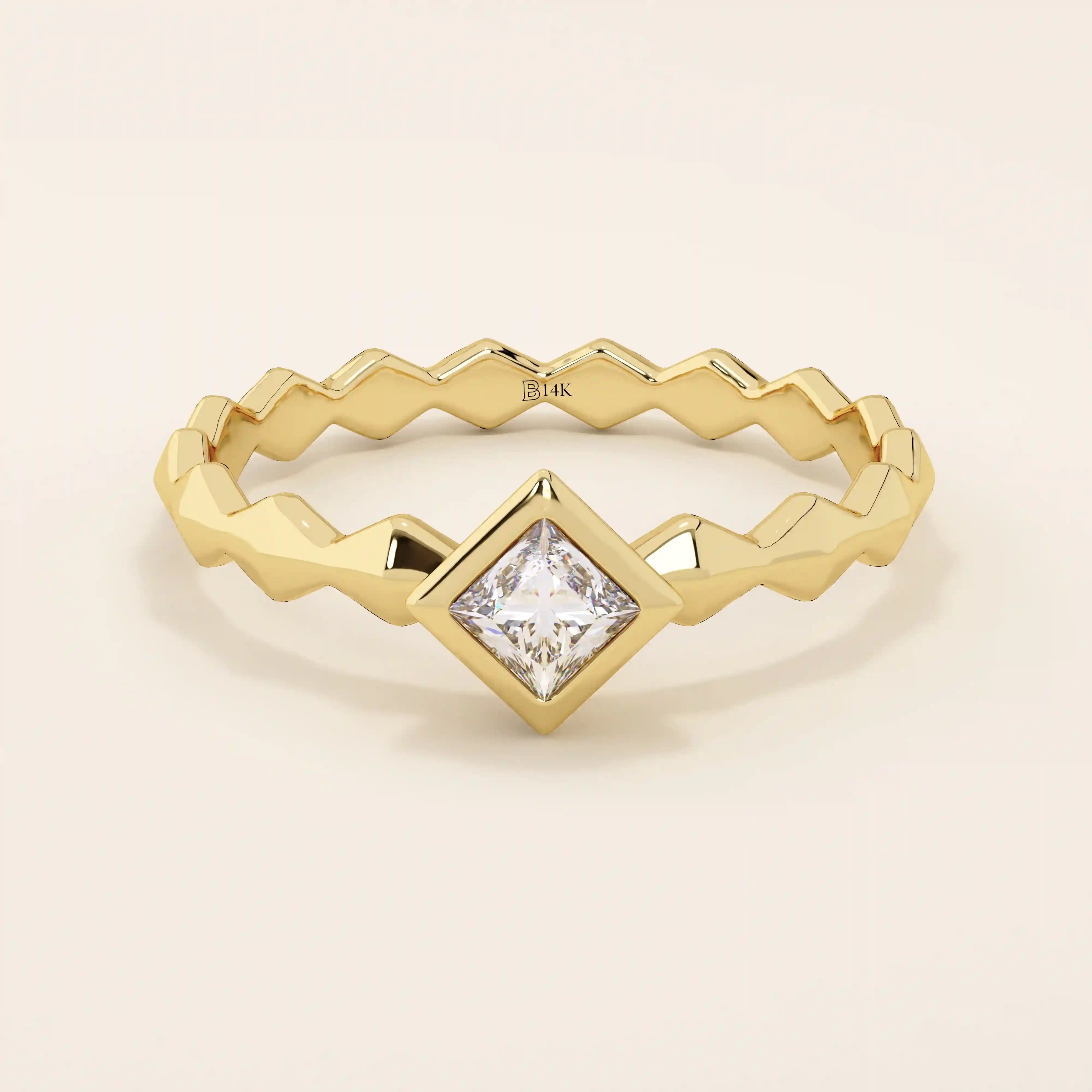 Bezel set princess square cut solitaire engagement ring in 14k solid gold. Sleek modern design for women.