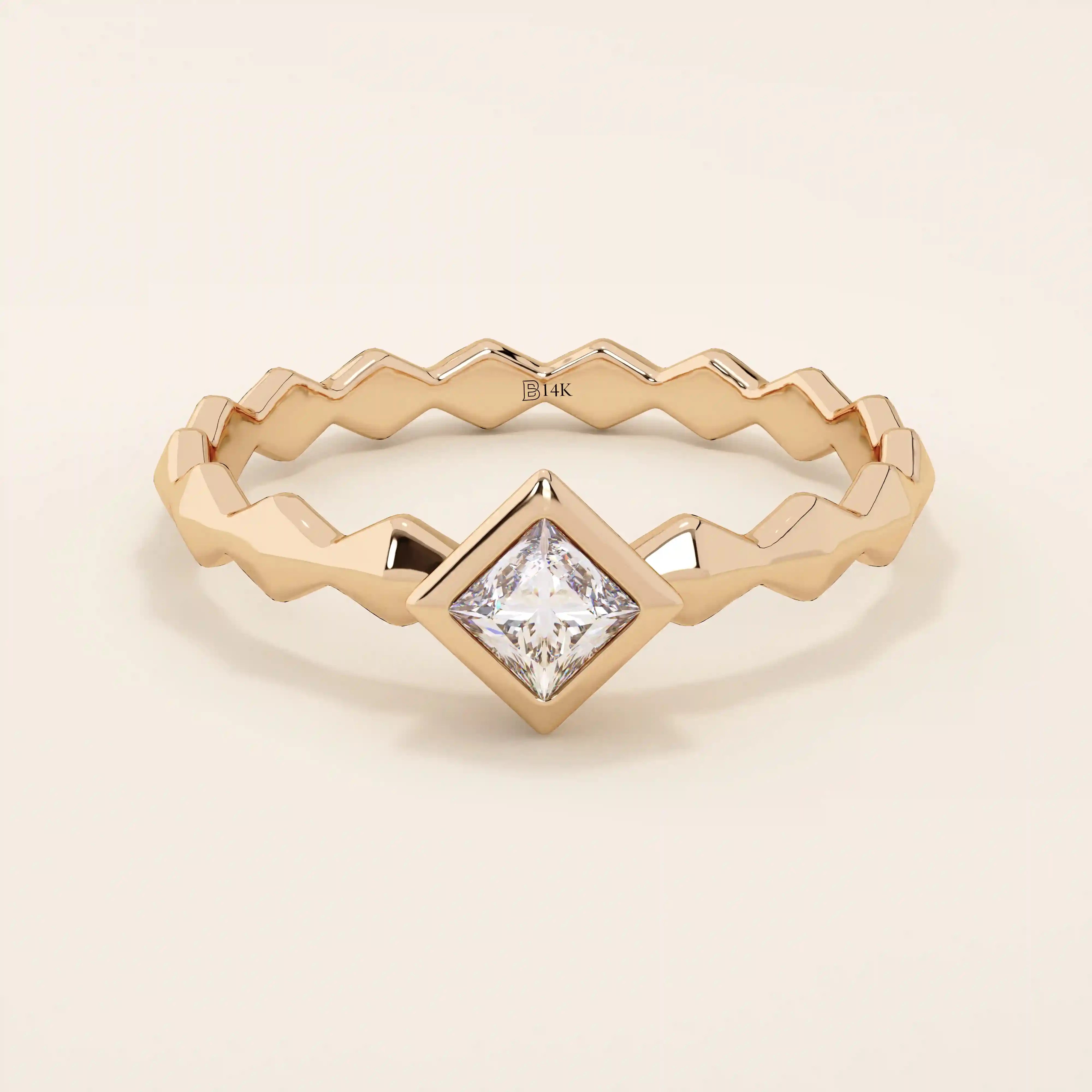 Bezel set princess square cut solitaire engagement ring in 14k solid gold. Sleek modern design for women.