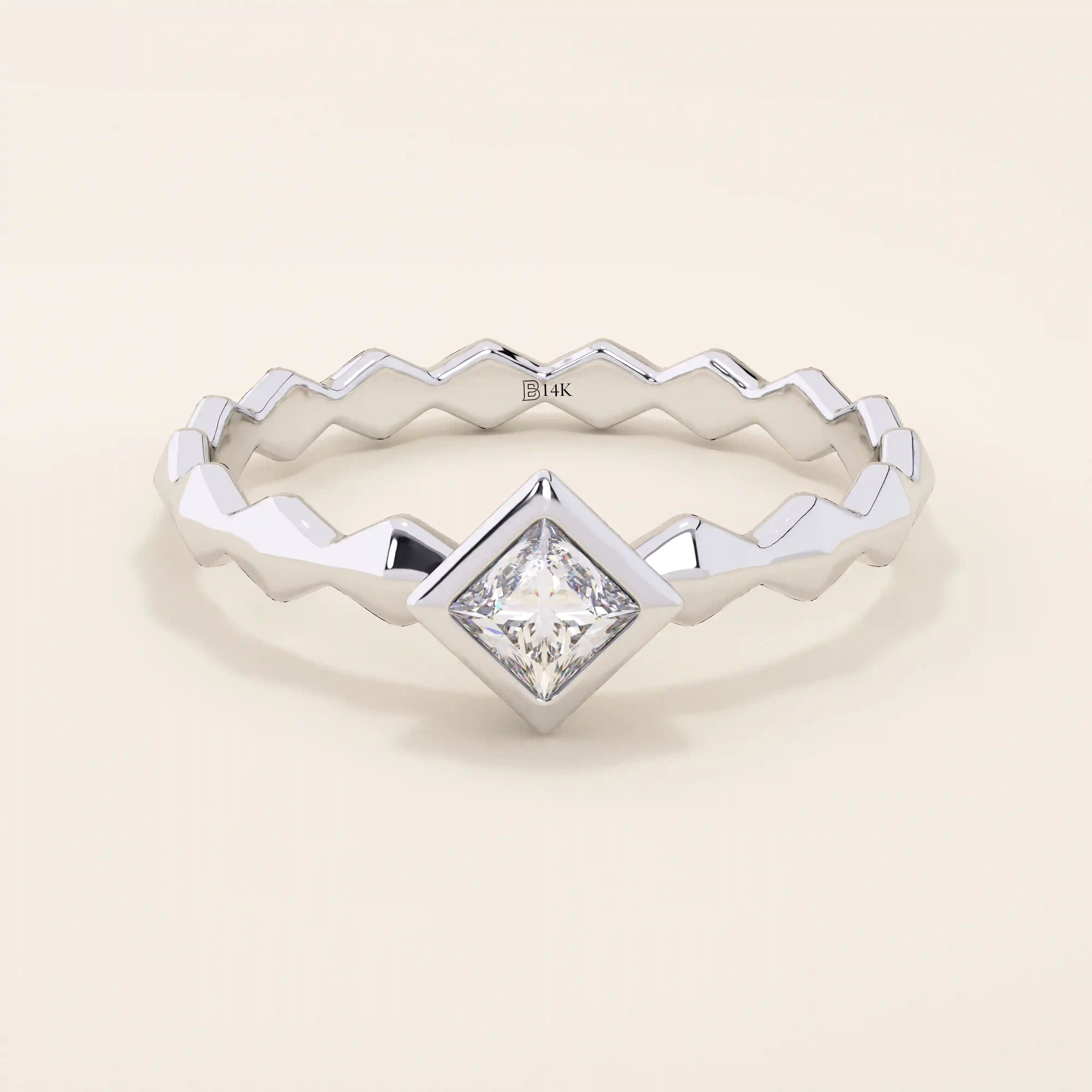 Bezel set princess square cut solitaire engagement ring in 14k solid gold. Sleek modern design for women.
