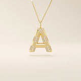 Bold initial necklace in 14k solid gold, fully pavé-set with shimmering moissanites. A statement-making personalized jewelry piece.