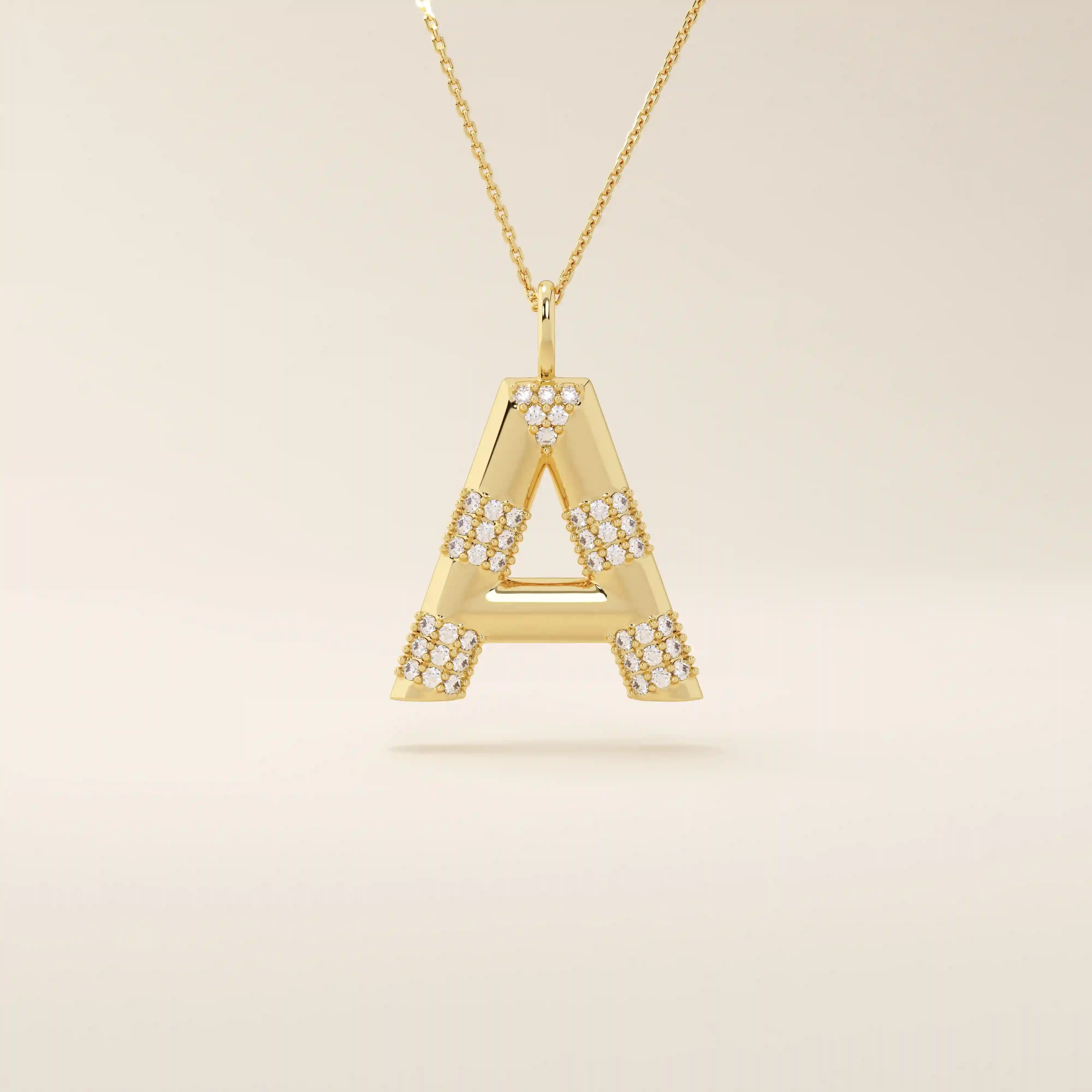 Bold initial necklace in 14k solid gold, fully pavé-set with shimmering moissanites. A statement-making personalized jewelry piece.