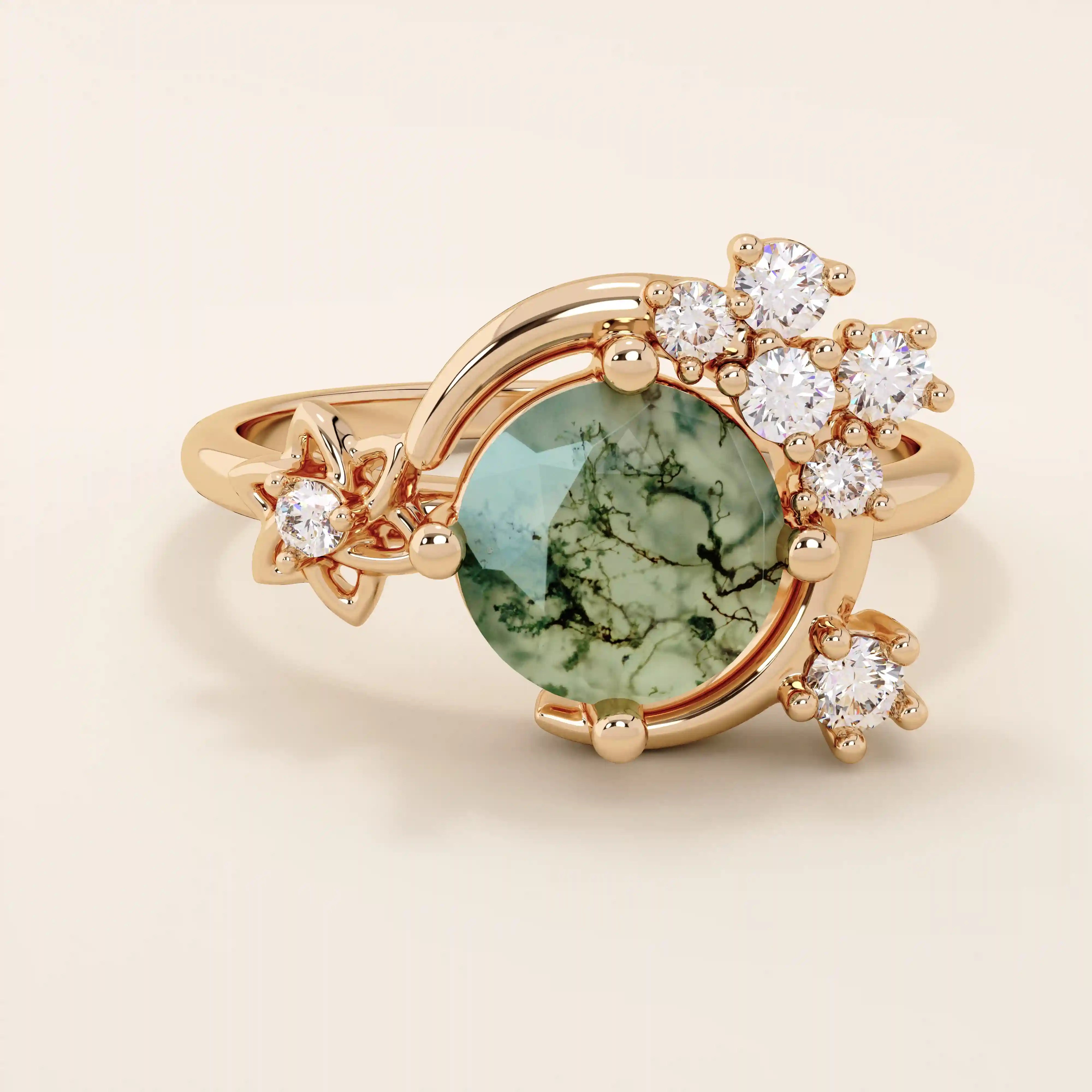 Chunky 14k gold ring with moss agate stone and celestial moon detail. Unique gemstone ring with natural patterns. Ideal for earthy and bold styles.