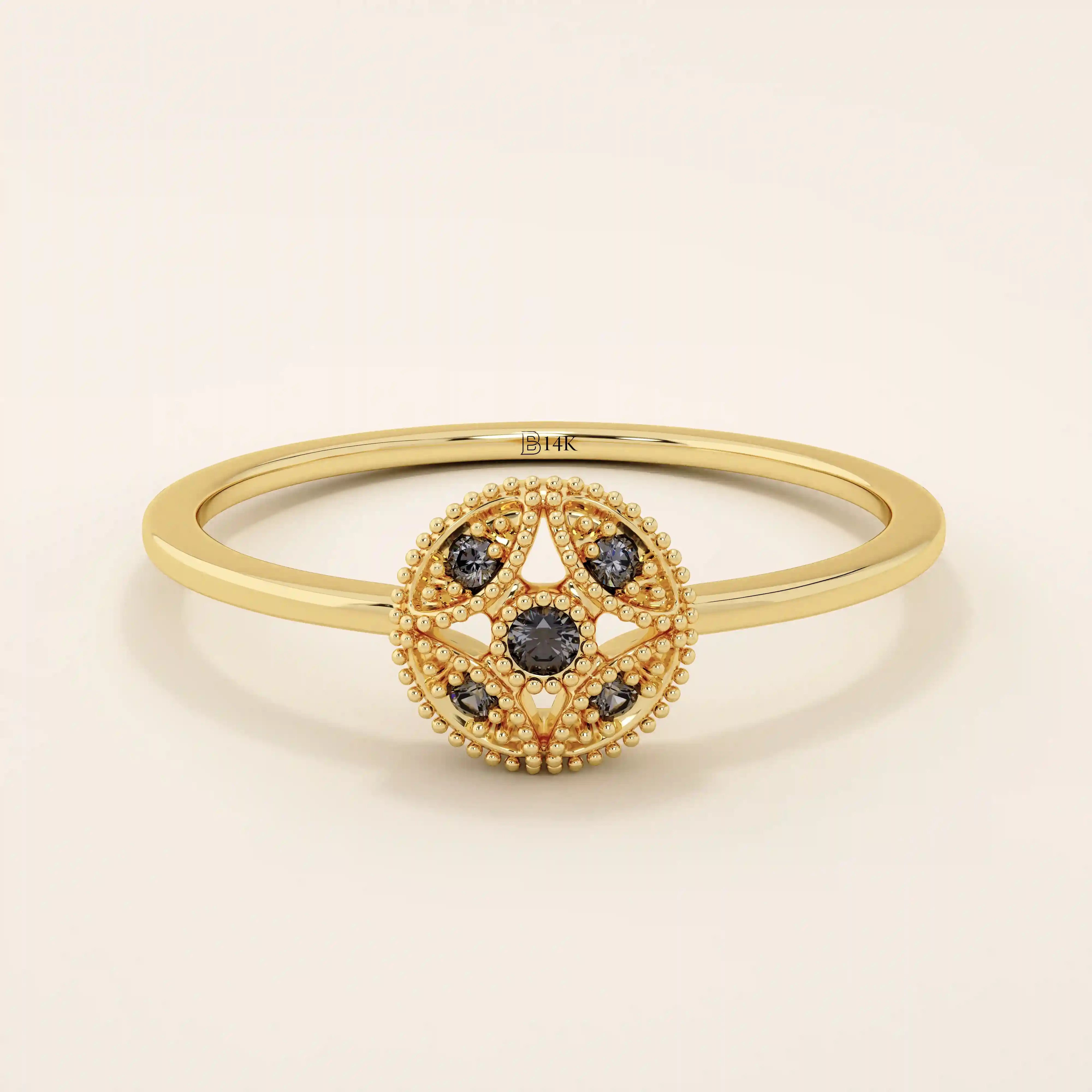 14K SOLID GOLD classic VINTAGE design and stunning black stones with intricate milgrain detailing ENGAGEMENT RING FOR WOMEN