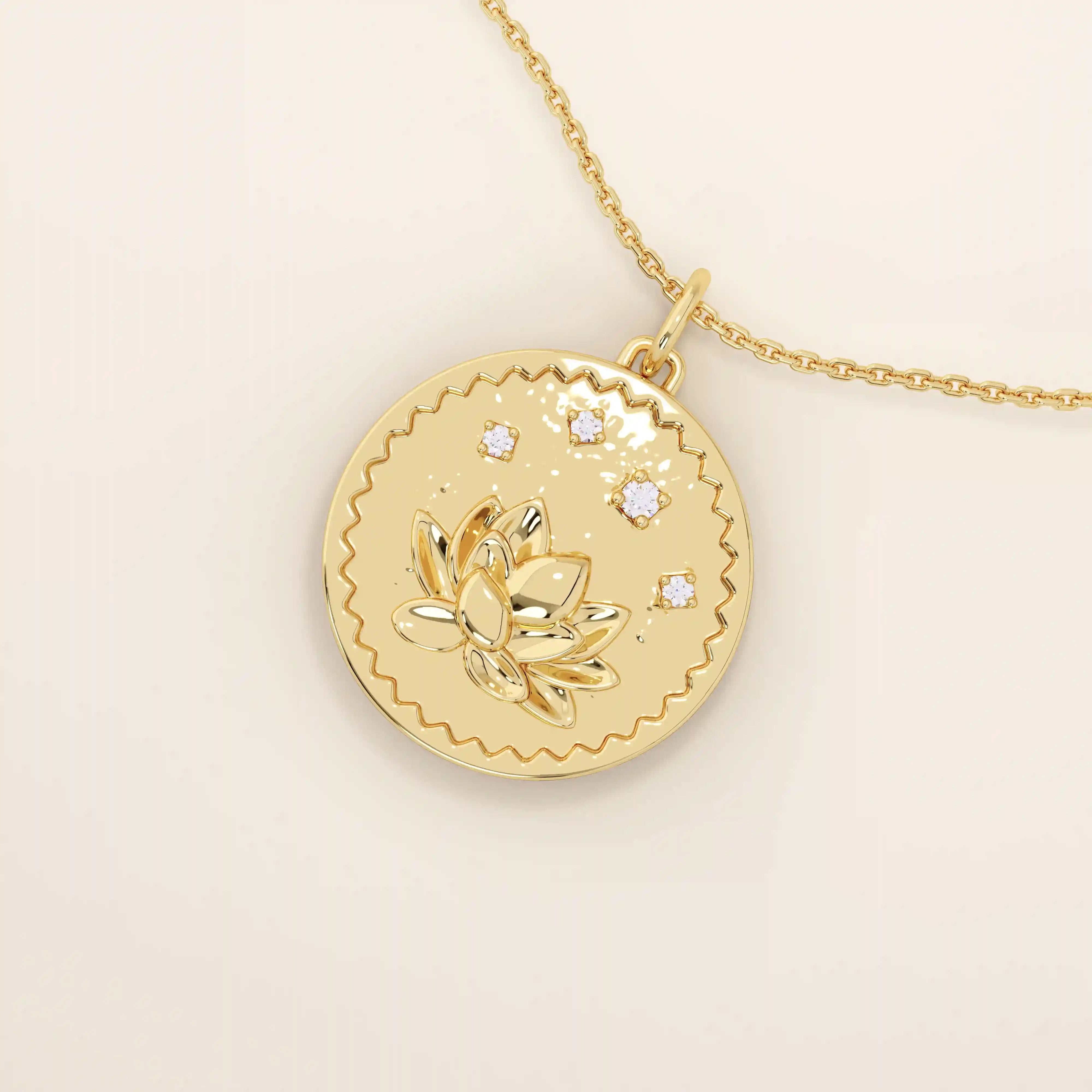 Close-up of a 14k solid gold pendant necklace featuring an embossed water lily and a tiny moissanite. Dainty nature-inspired jewelry for women. Ideal as a minimalist everyday gold necklace.