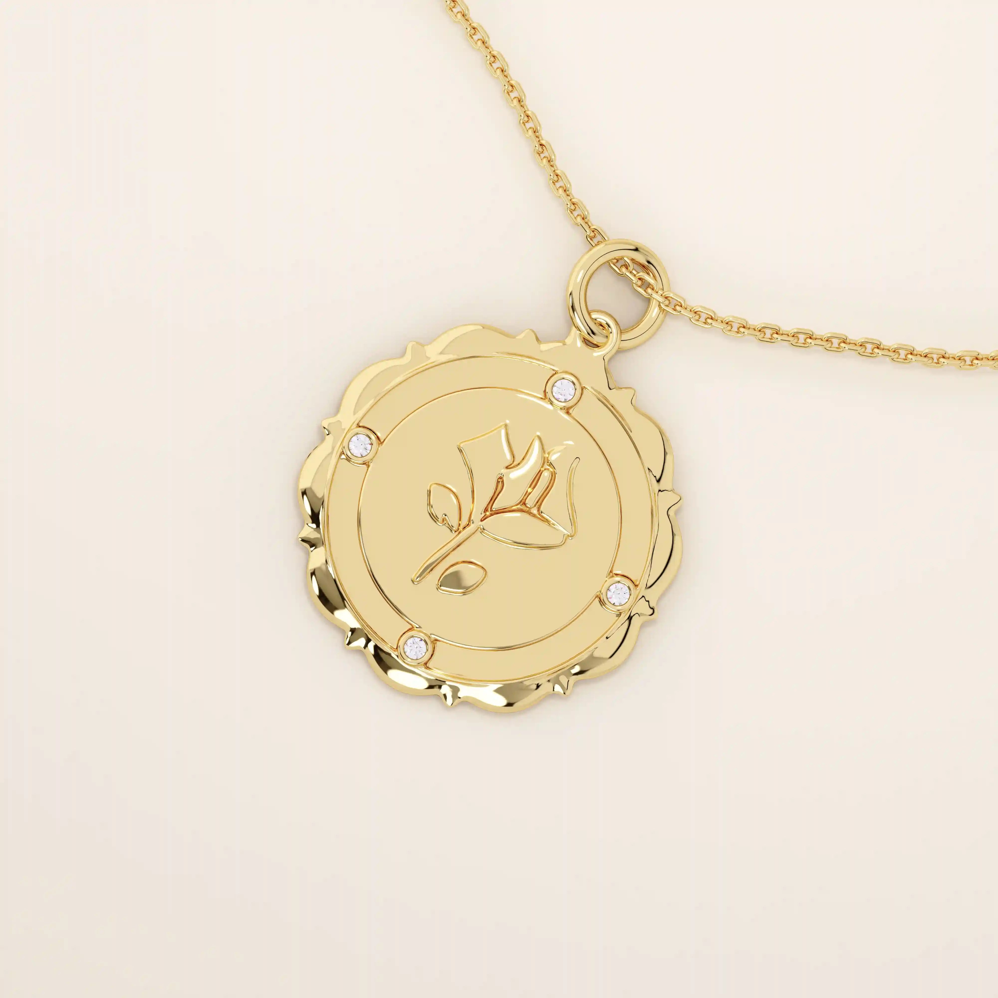Close-up of a 14k solid gold pendant necklace with an embossed single rose and tiny moissanites. Romantic floral gold necklace for women. Perfect minimalist jewelry gift.