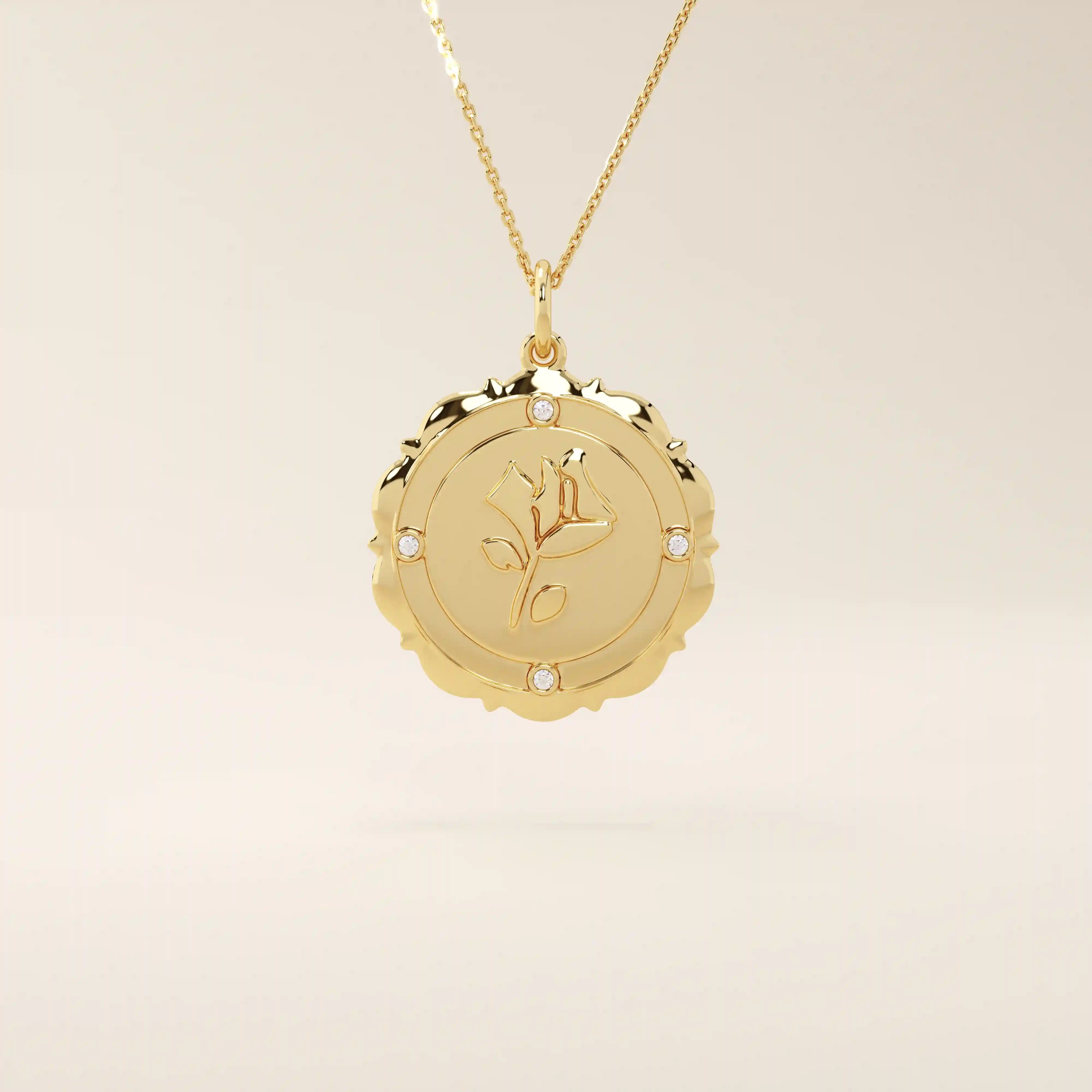 Close-up of a 14k solid gold pendant necklace with an embossed single rose and tiny moissanites. Romantic floral gold necklace for women. Perfect minimalist jewelry gift.