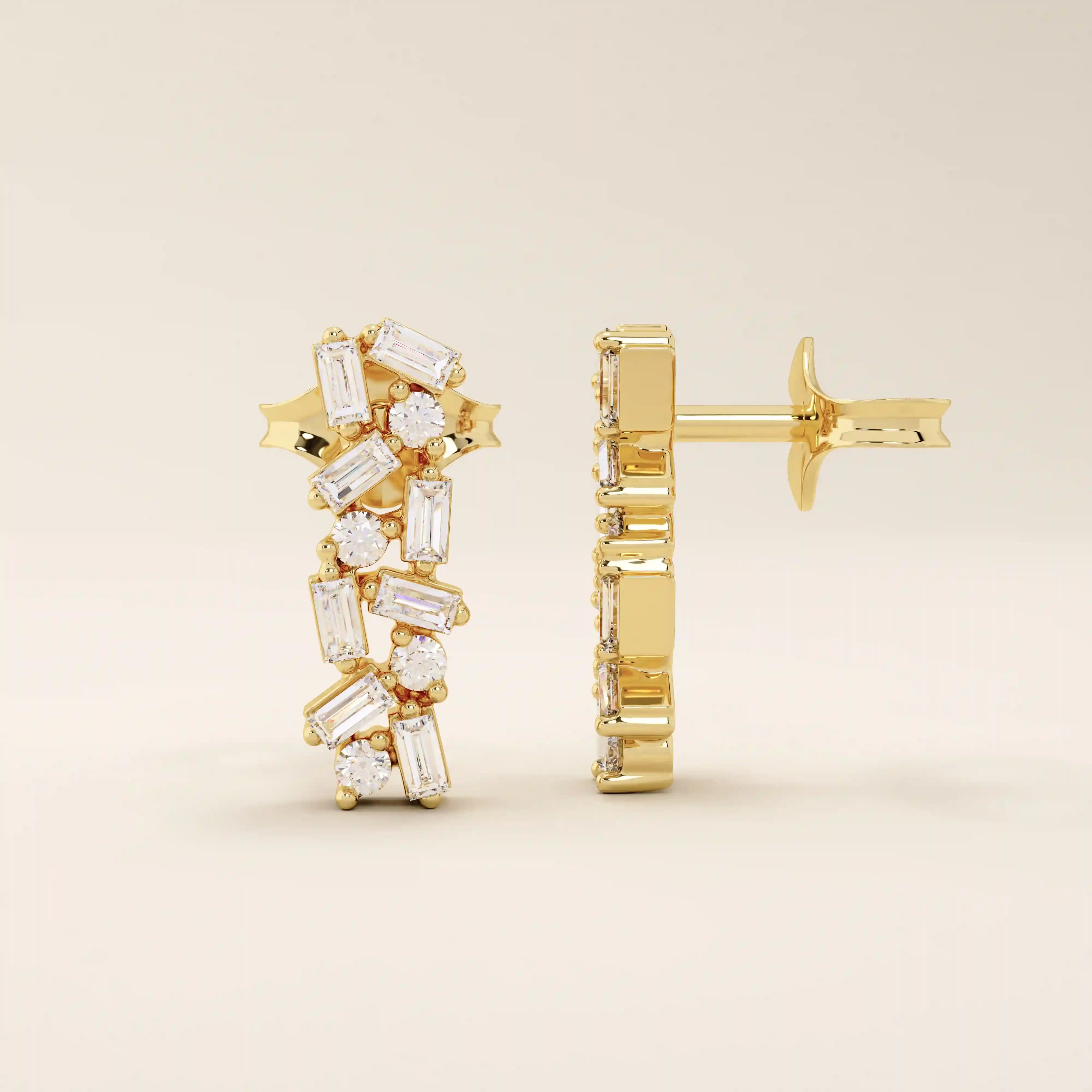 Close-up of baguette cluster stud earrings in polished 14k gold, highlighting the geometric contrast of baguette and round stones.
