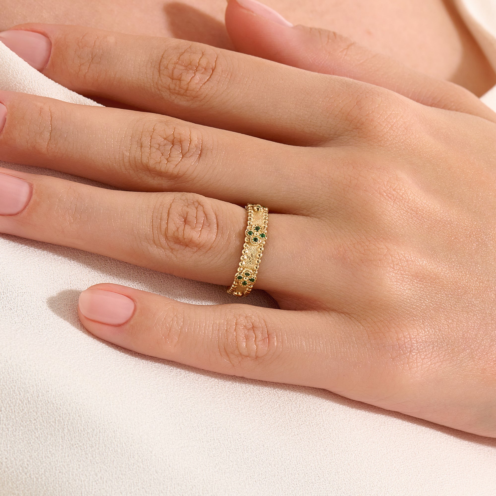 Beaded Cross Emerald Wedding Band - BRENNMORE 