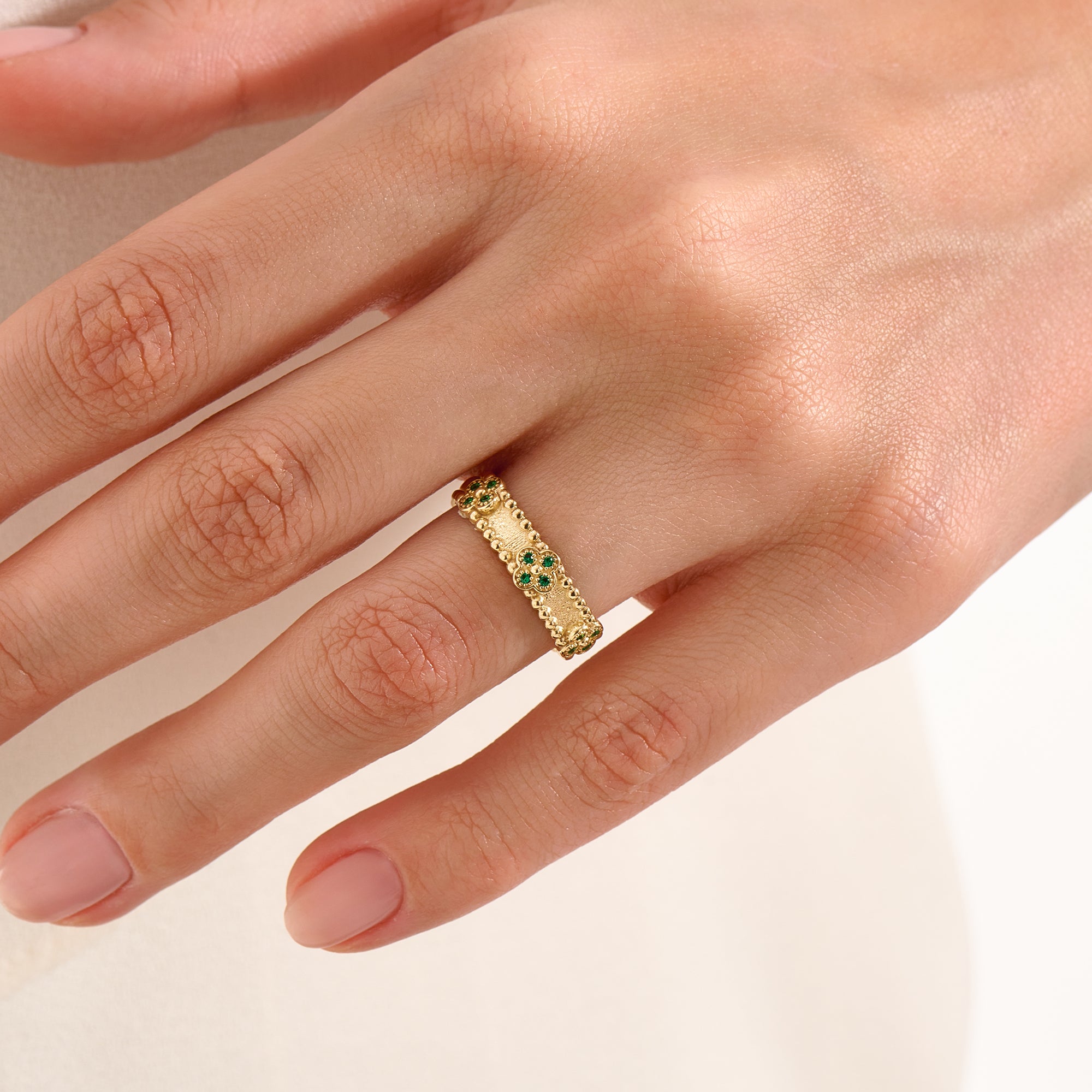 Beaded Cross Emerald Wedding Band - BRENNMORE 