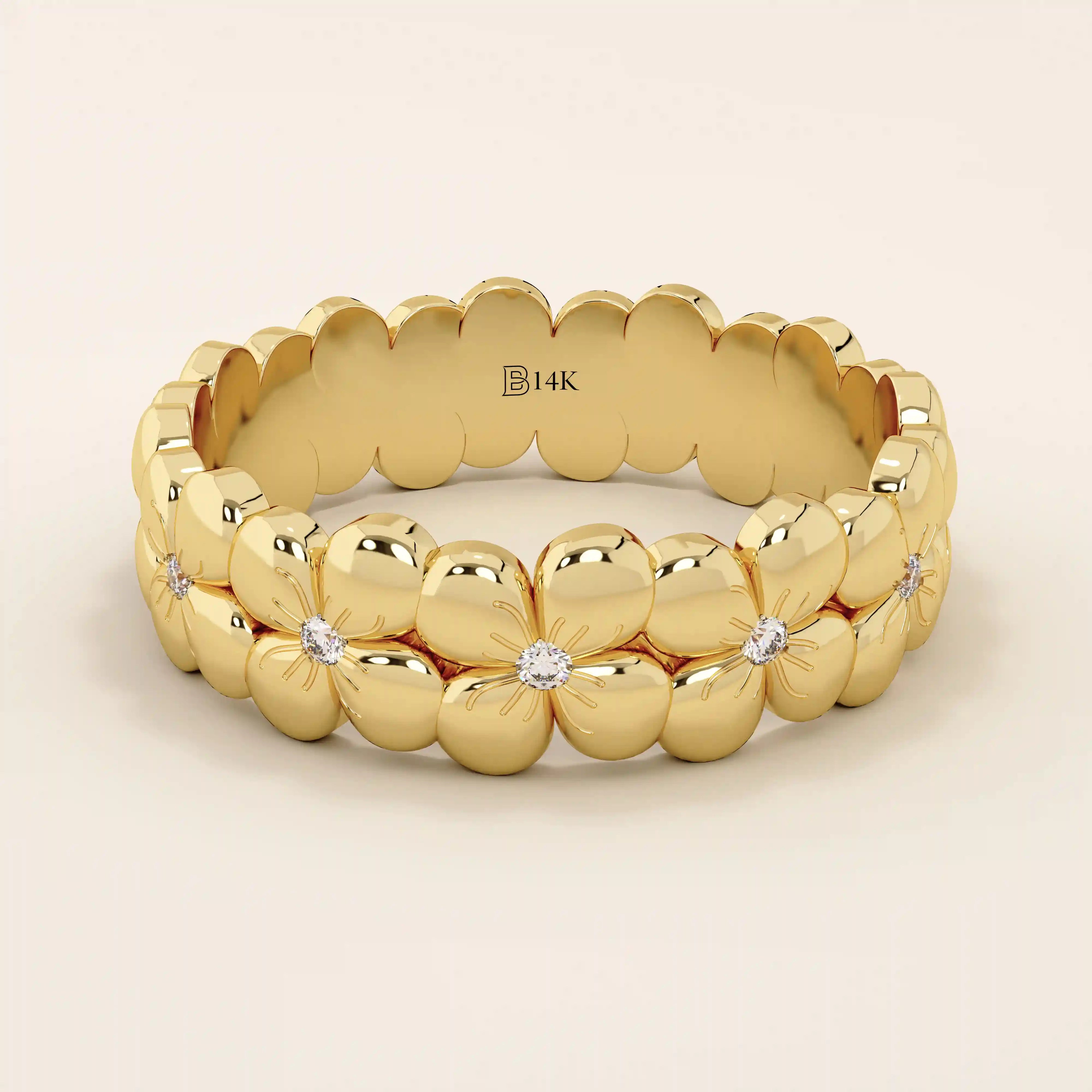 Daisy flower band ring in 14k solid gold, featuring tiny pavé moissanites. A thick yet delicate statement ring with floral charm.