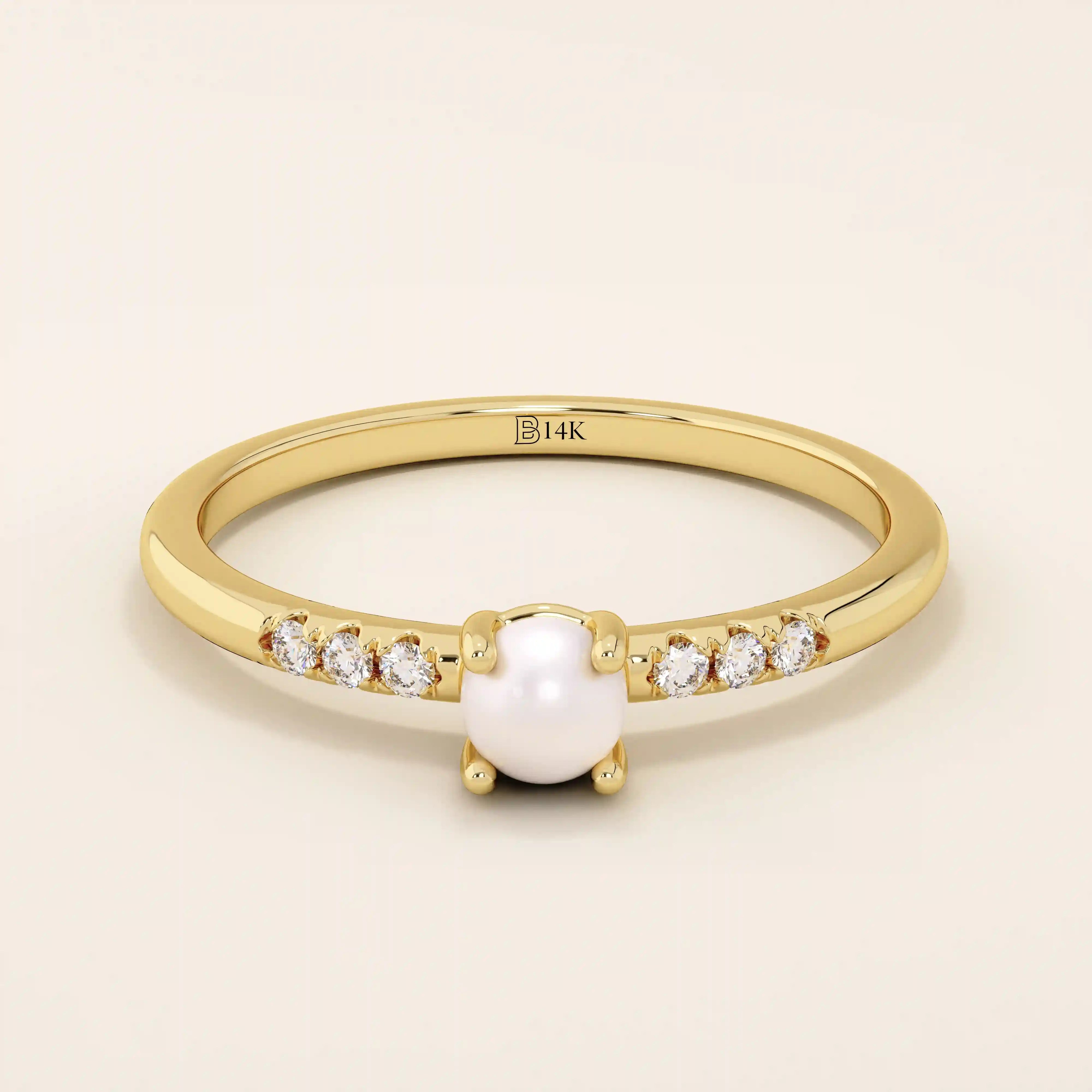 Delicate 14k solid gold promise ring featuring a small lustrous pearl. Minimalist and elegant design perfect for everyday wear.
