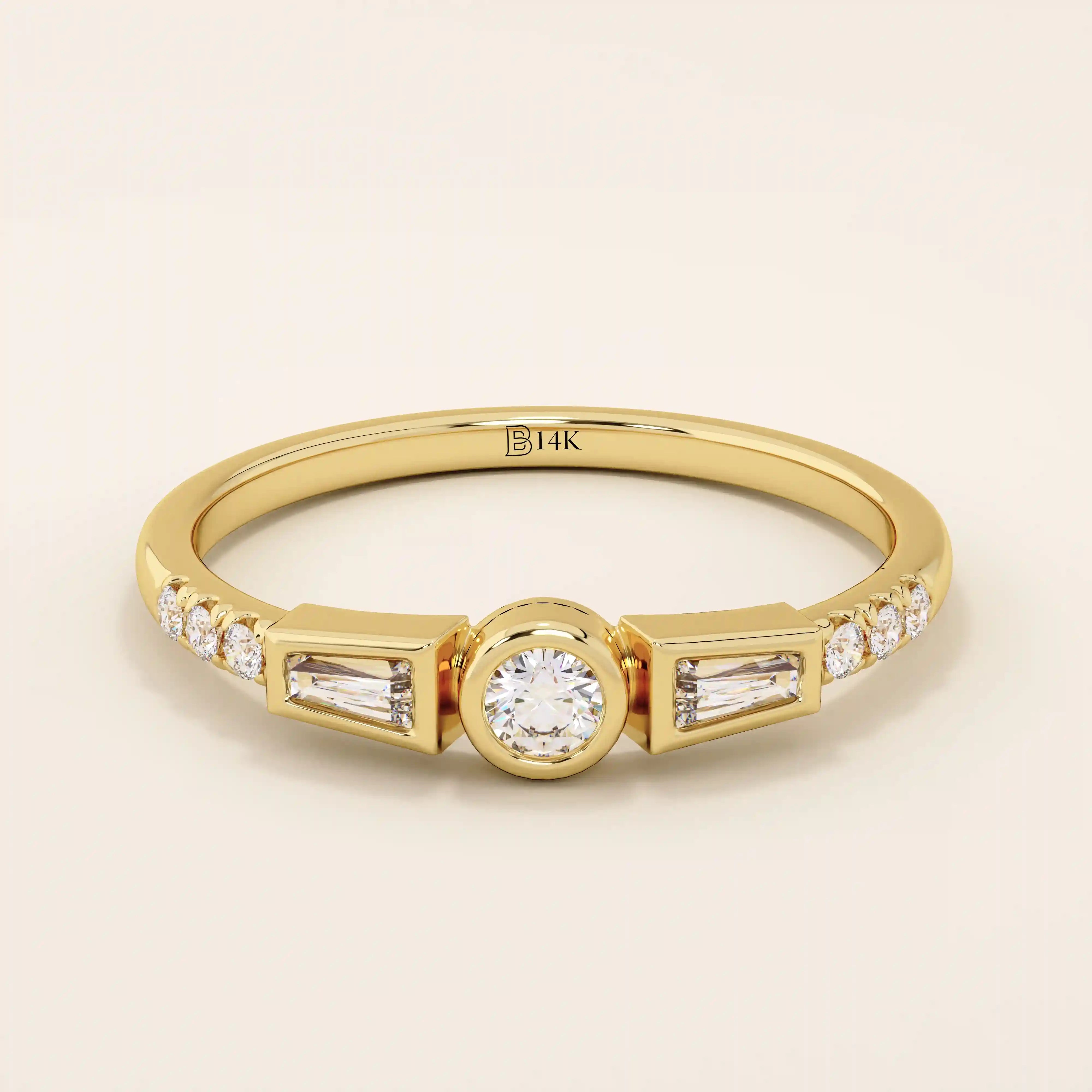 Elegant 14k solid gold bezel promise ring for women, featuring mixed cut moissanite stones for a unique and timeless design.