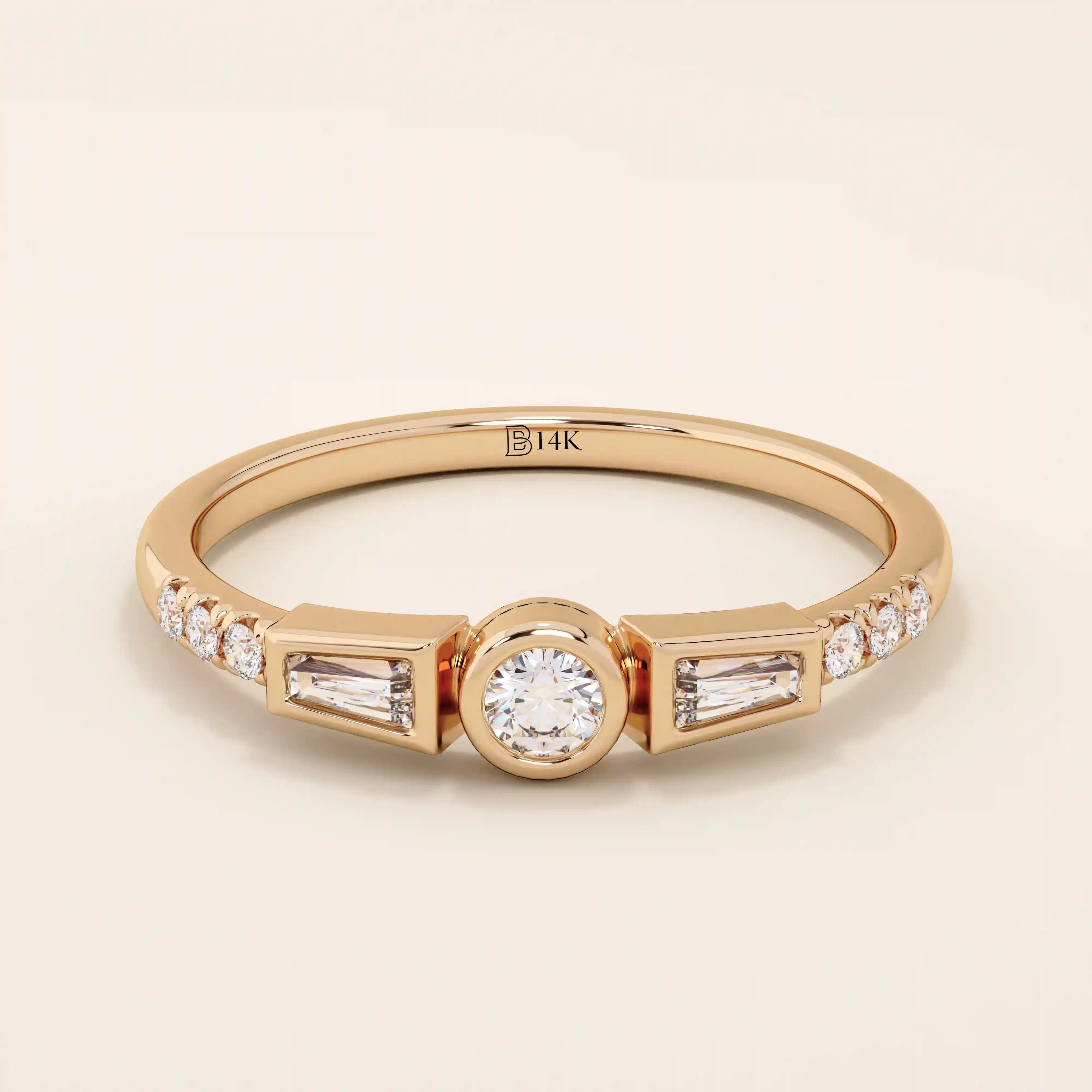 Elegant 14k solid gold bezel promise ring for women, featuring mixed cut moissanite stones for a unique and timeless design.