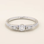 Elegant 14k solid gold bezel promise ring for women, featuring mixed cut moissanite stones for a unique and timeless design.