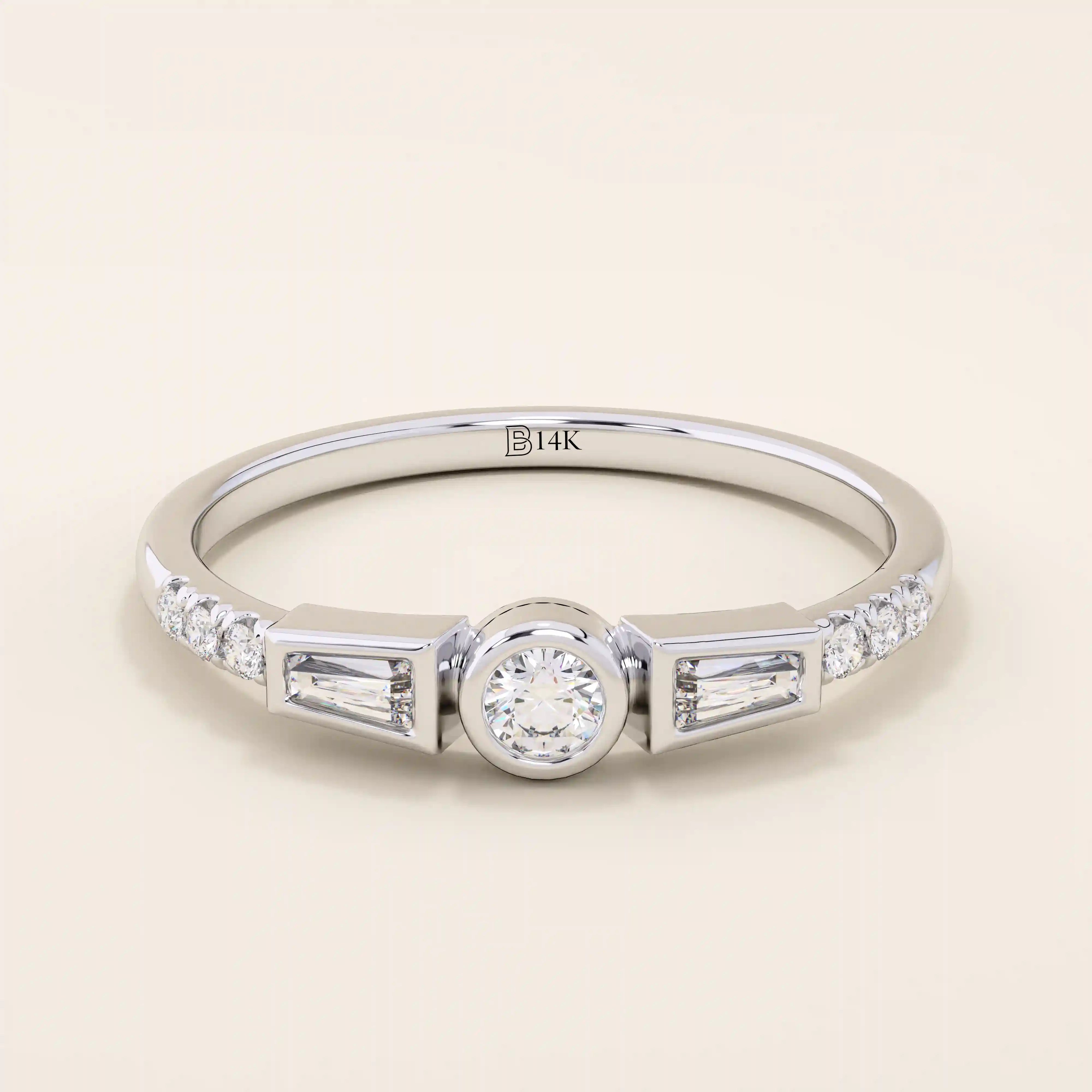 Elegant 14k solid gold bezel promise ring for women, featuring mixed cut moissanite stones for a unique and timeless design.