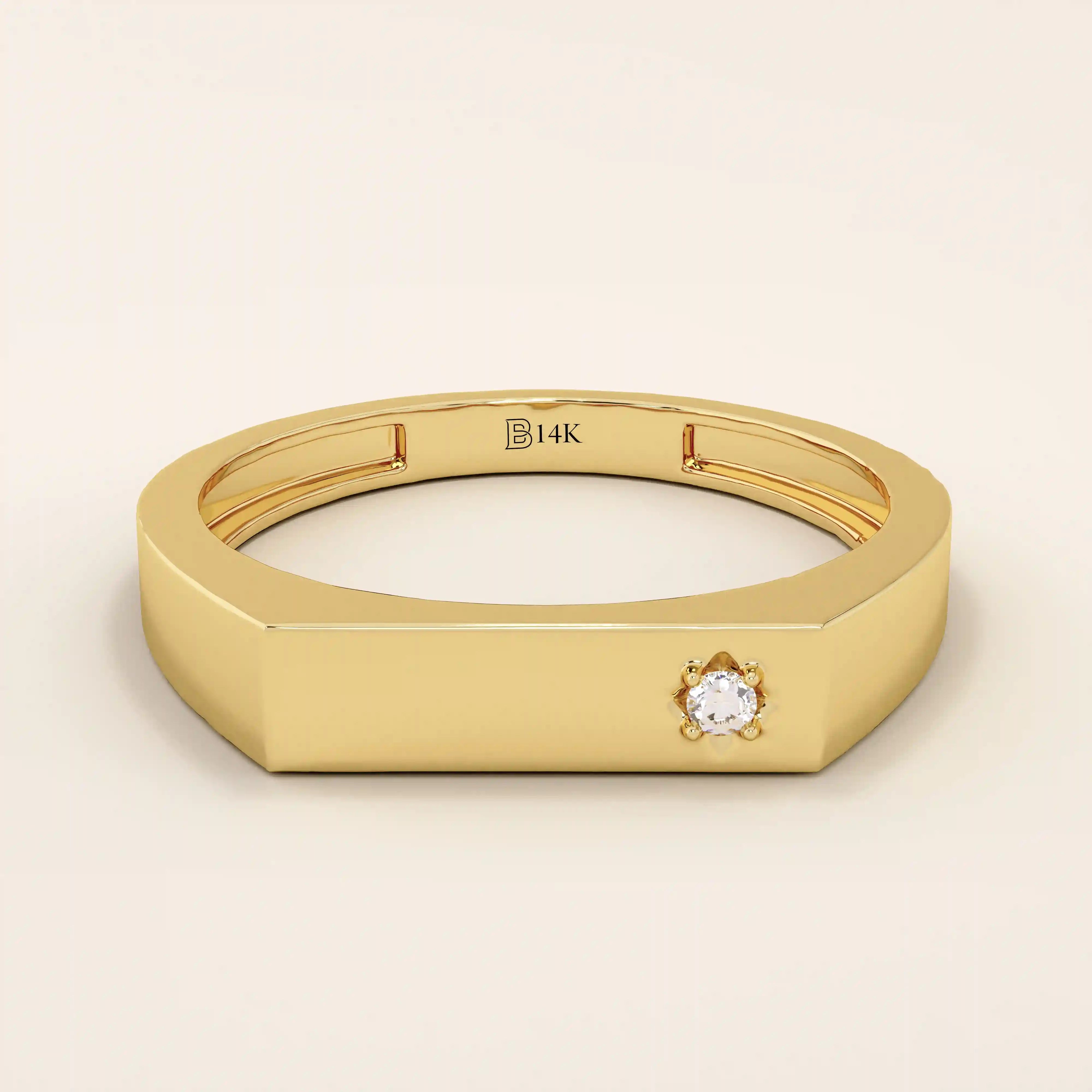 Minimalist 14k solid gold bar-shaped pinky signet ring featuring a single moissanite stone. Sleek and modern design perfect for everyday wear.