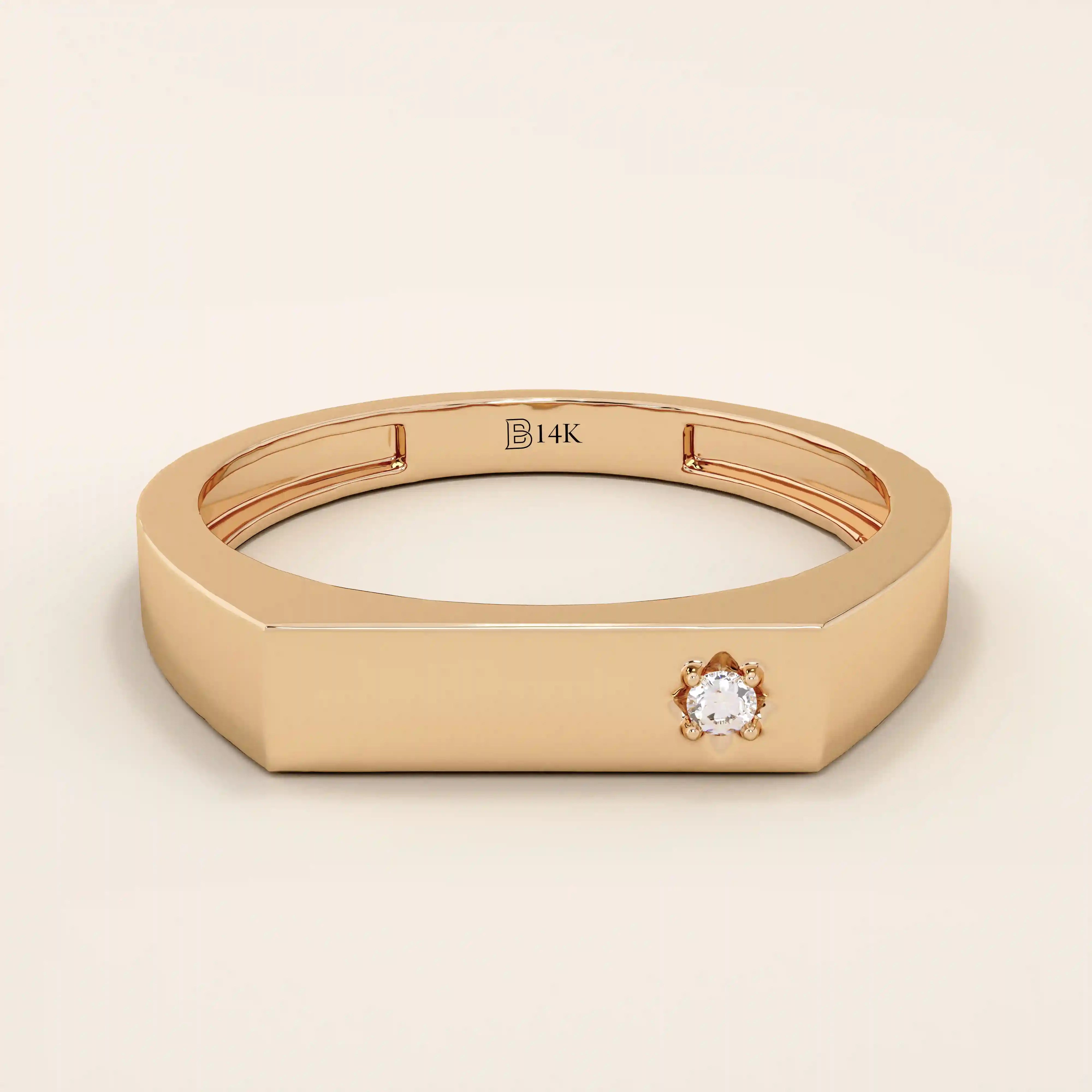 Minimalist 14k solid gold bar-shaped pinky signet ring featuring a single moissanite stone. Sleek and modern design perfect for everyday wear.