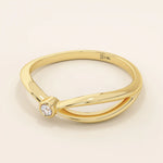 Minimalist 14k solid gold split band promise ring featuring a single small moissanite stone, designed for modern elegance and everyday wear.