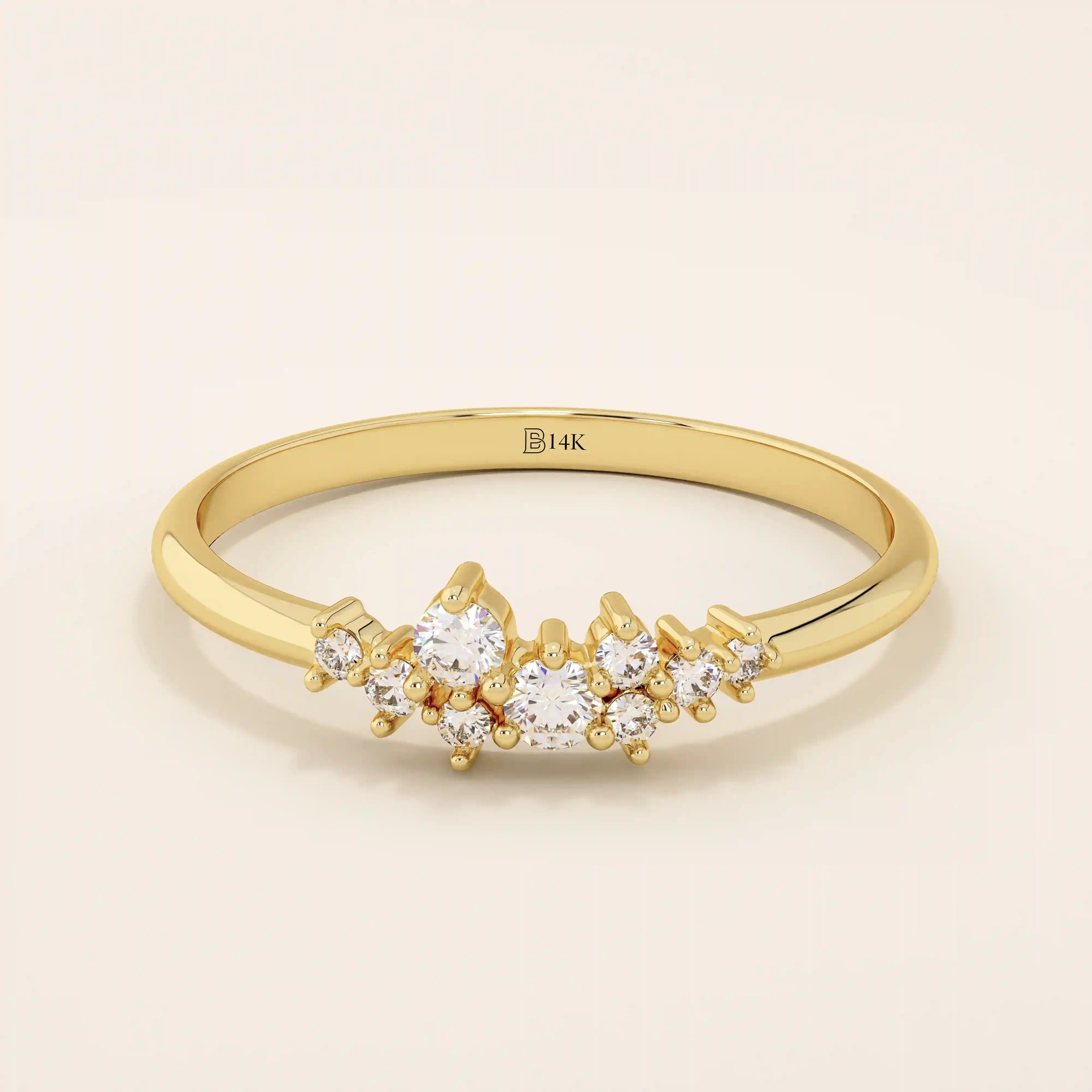 Minimalist cluster moissanite stacking wedding ring crafted in 14k solid gold, featuring a delicate round stone arrangement for timeless elegance.