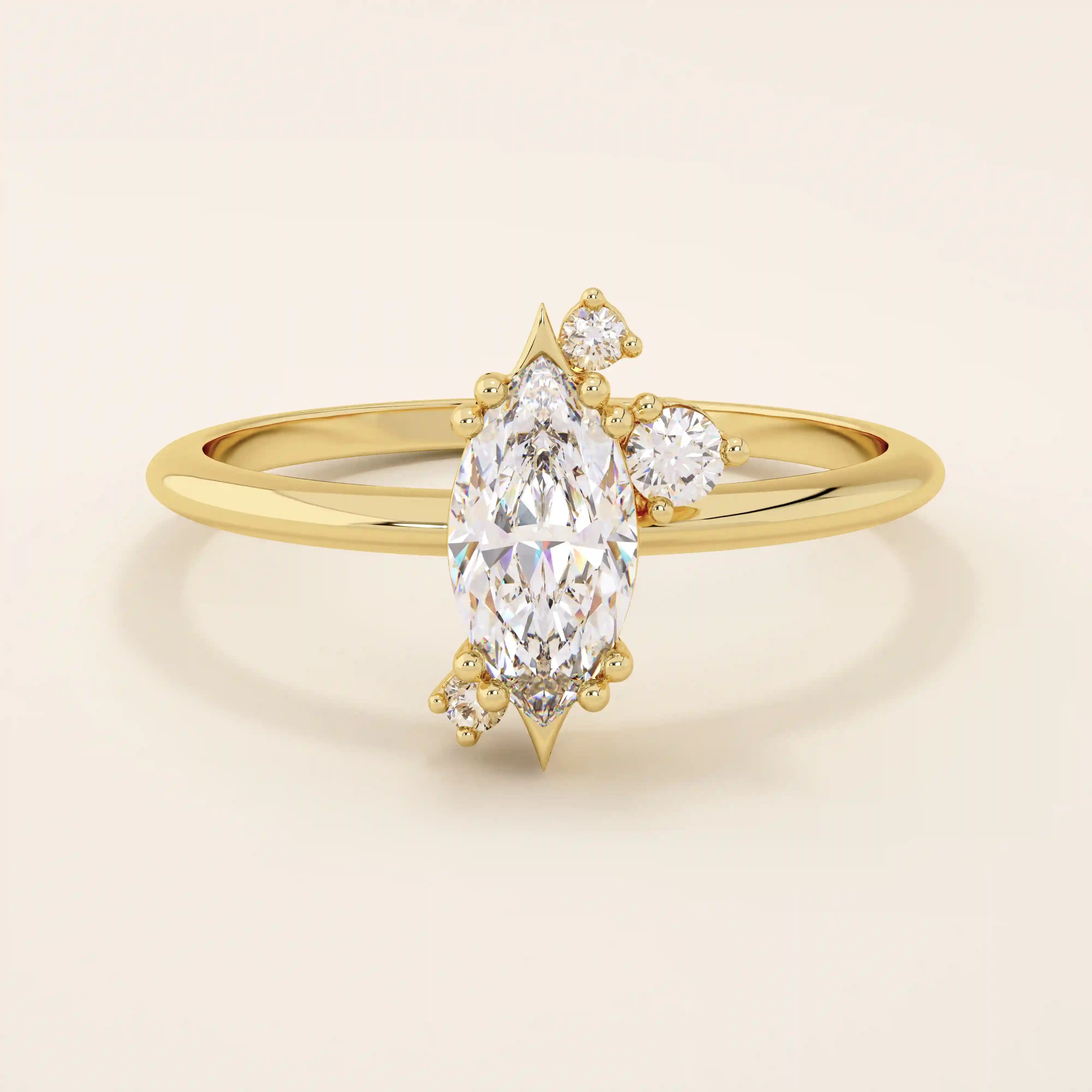 Minimalist solitaire engagement ring in 14k solid gold featuring a marquise-cut moissanite. Sleek and elegant design for modern brides.