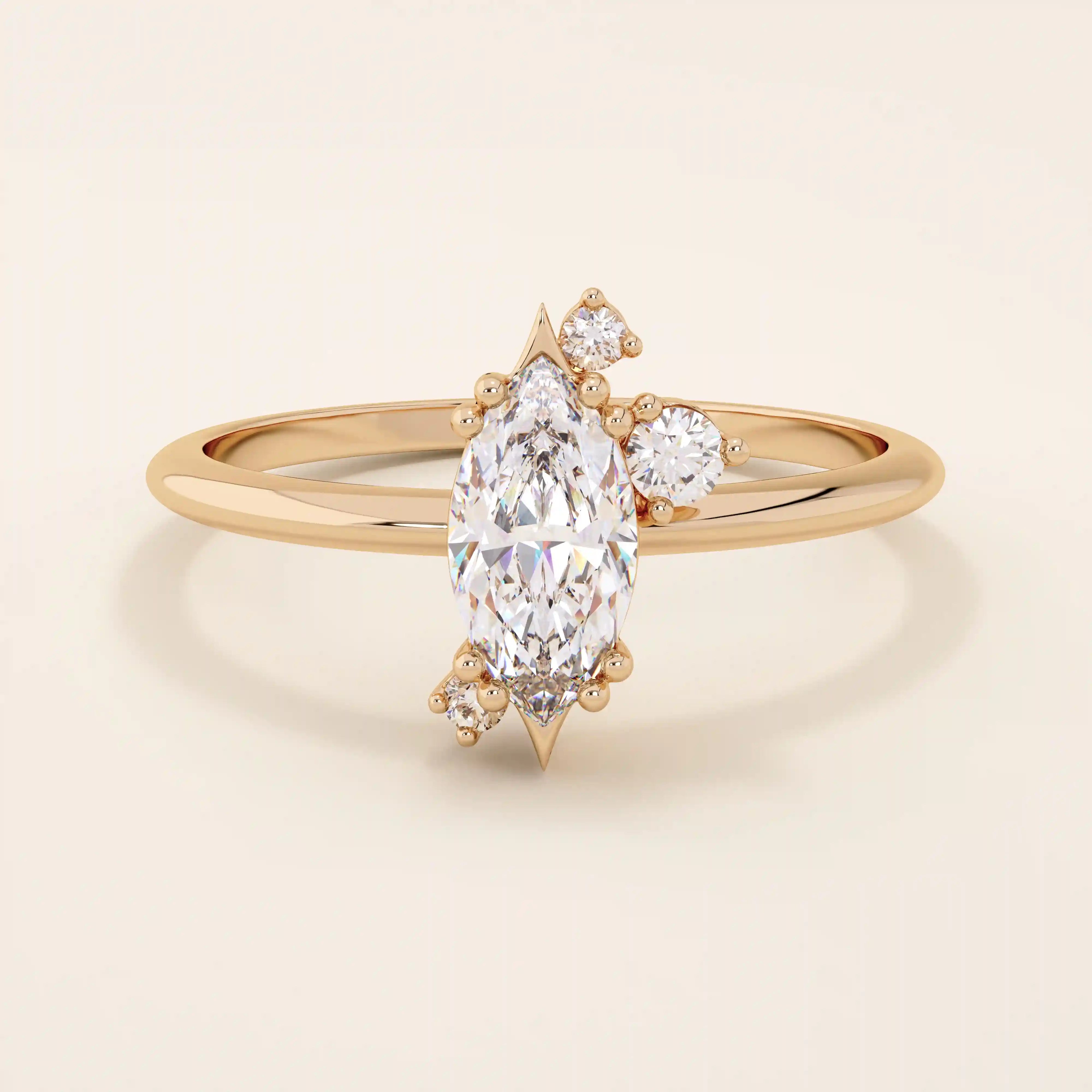 Minimalist solitaire engagement ring in 14k solid gold featuring a marquise-cut moissanite. Sleek and elegant design for modern brides.